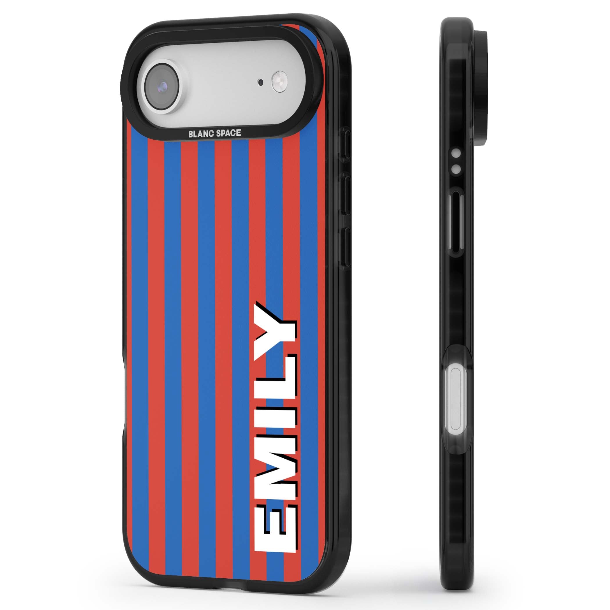 Cuban Stripe personalised iPhone case featuring red and blue vertical stripes with custom name in bold white letters | Black Impact Magsafe case for iPhone Air