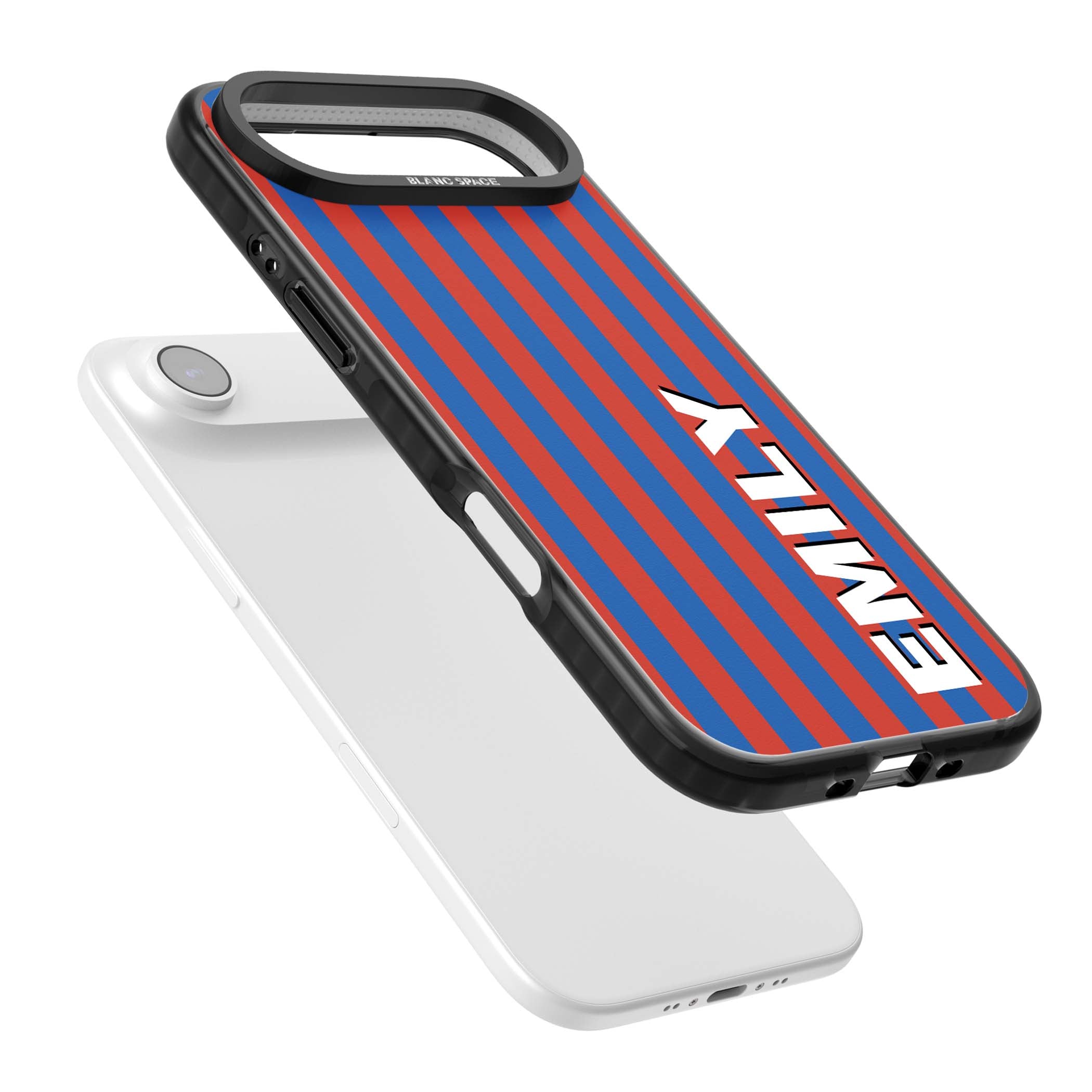 Cuban Stripe personalised iPhone case featuring red and blue vertical stripes with custom name in bold white letters | Black Impact Magsafe case for iPhone Air