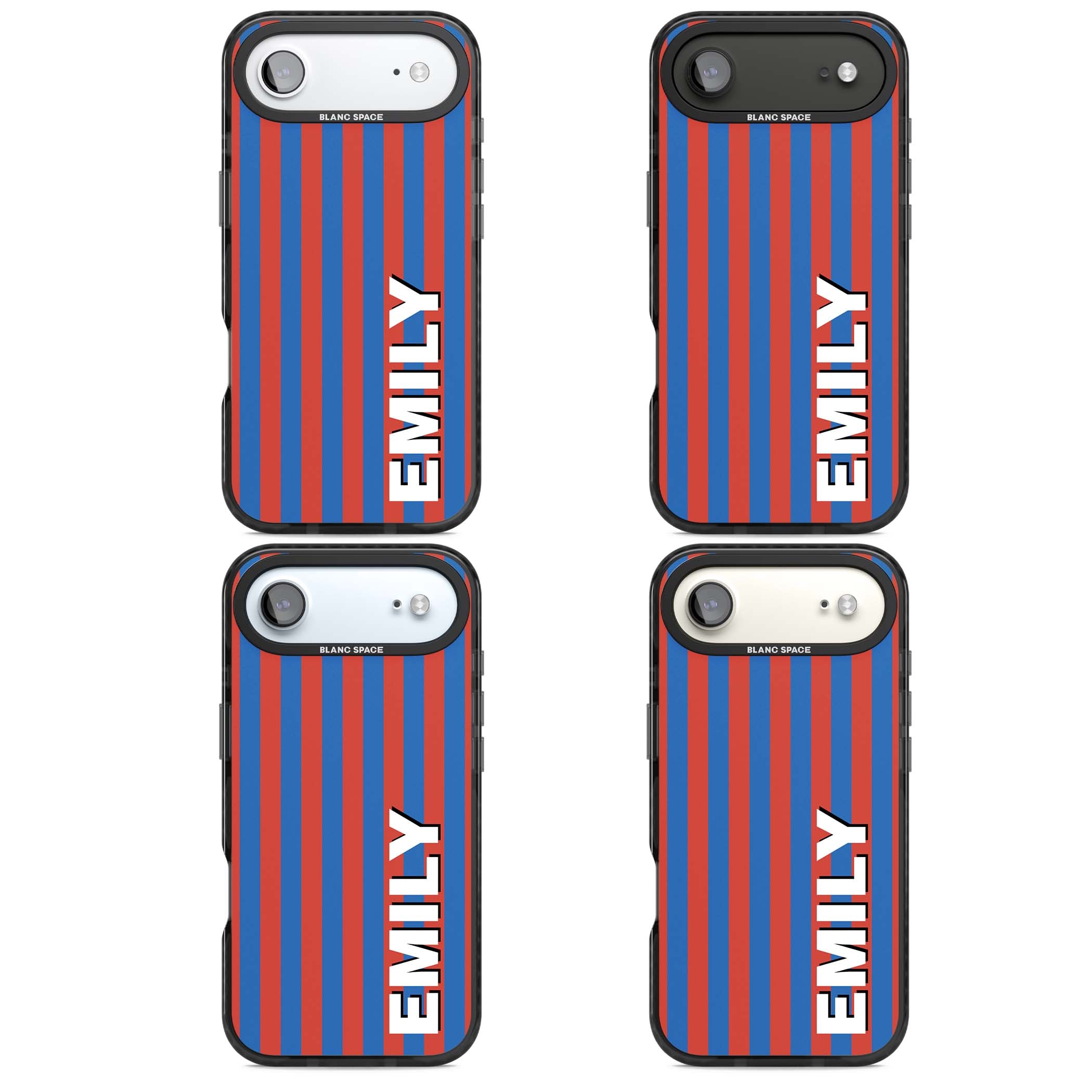 Cuban Stripe personalised iPhone case featuring red and blue vertical stripes with custom name in bold white letters | Black Impact Magsafe case for iPhone Air