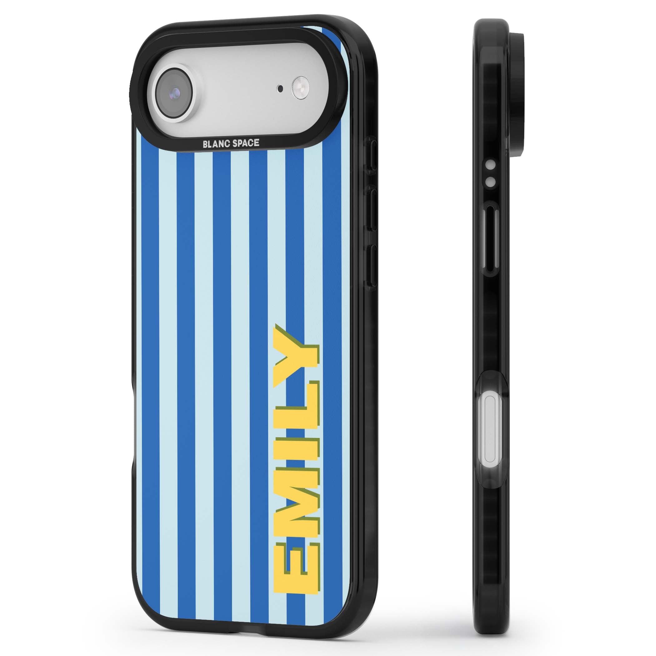 Athenian Stripe personalised preppy iPhone case featuring blue vertical stripes and a custom yellow name | Black Impact Magsafe case for iPhone Air