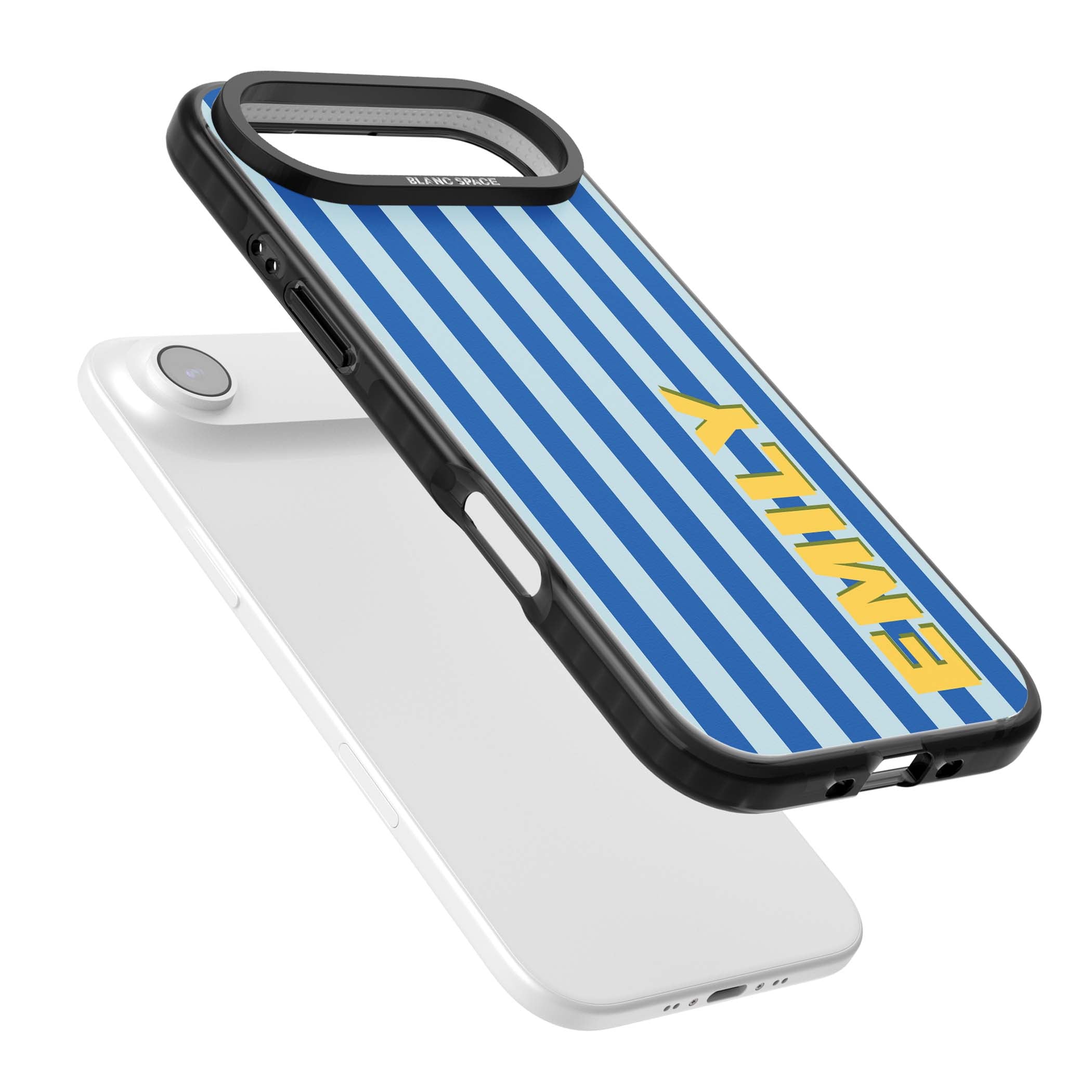 Athenian Stripe personalised preppy iPhone case featuring blue vertical stripes and a custom yellow name | Black Impact Magsafe case for iPhone Air
