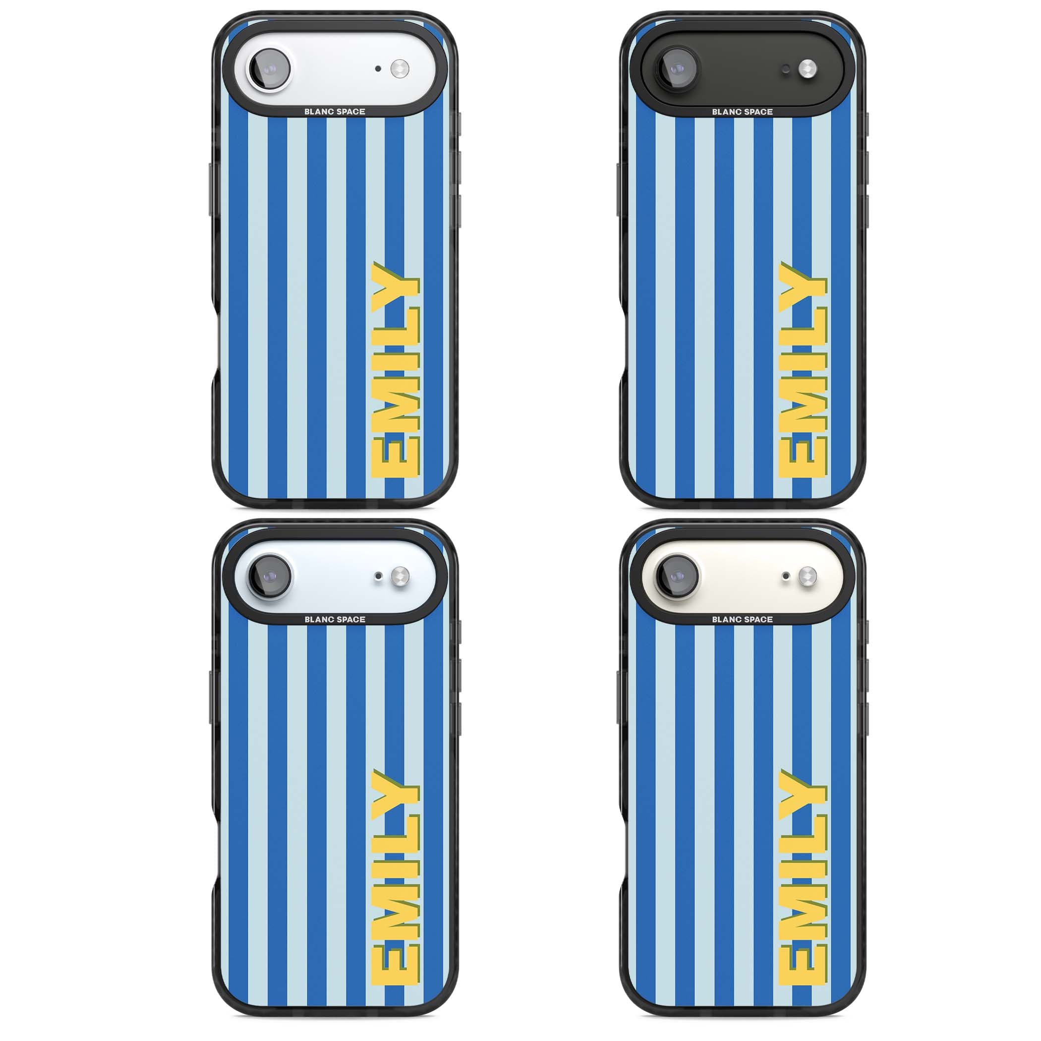 Athenian Stripe personalised preppy iPhone case featuring blue vertical stripes and a custom yellow name | Black Impact Magsafe case for iPhone Air