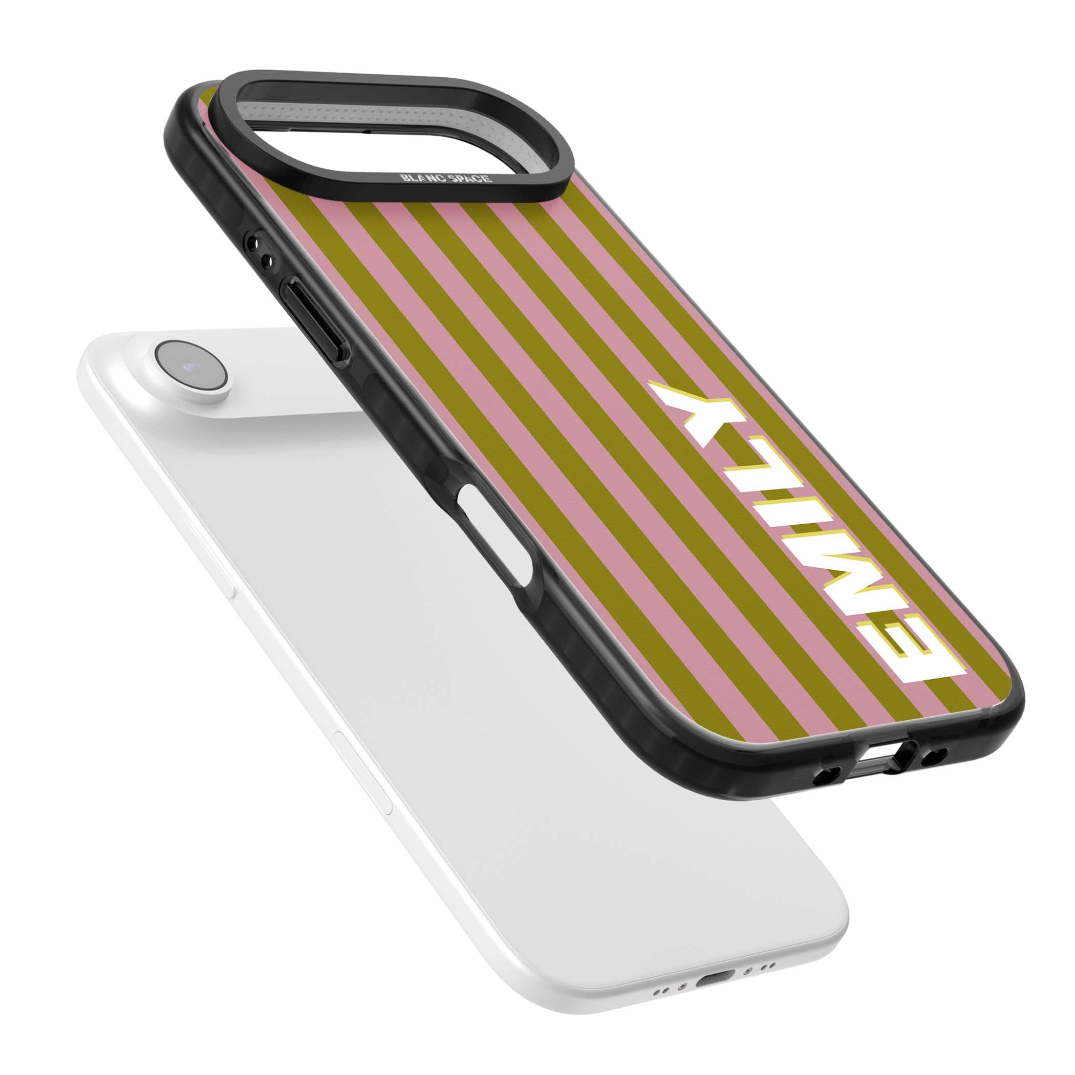 Istanbul Stripe personalised iPhone case featuring pink and olive green vertical stripes with a custom vertical name | Black Impact Magsafe case for iPhone Air