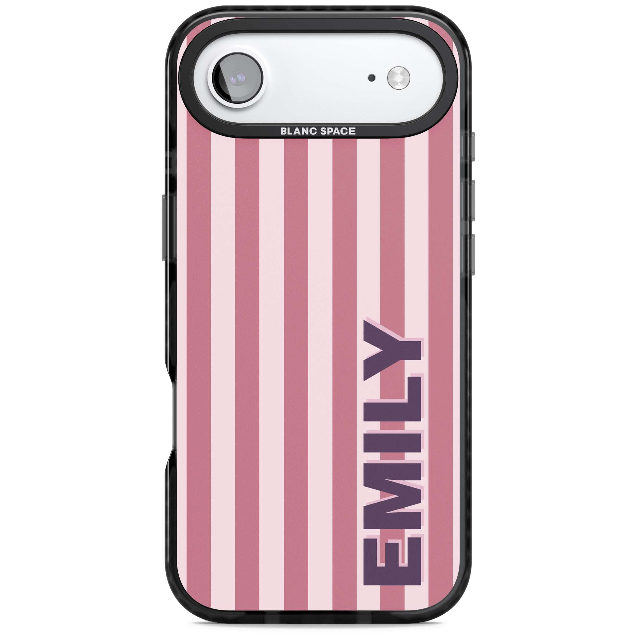 Victoria Stripe personalised iPhone case featuring pink vertical stripes and custom name in bold plum lettering | Black Impact Magsafe case for iPhone Air