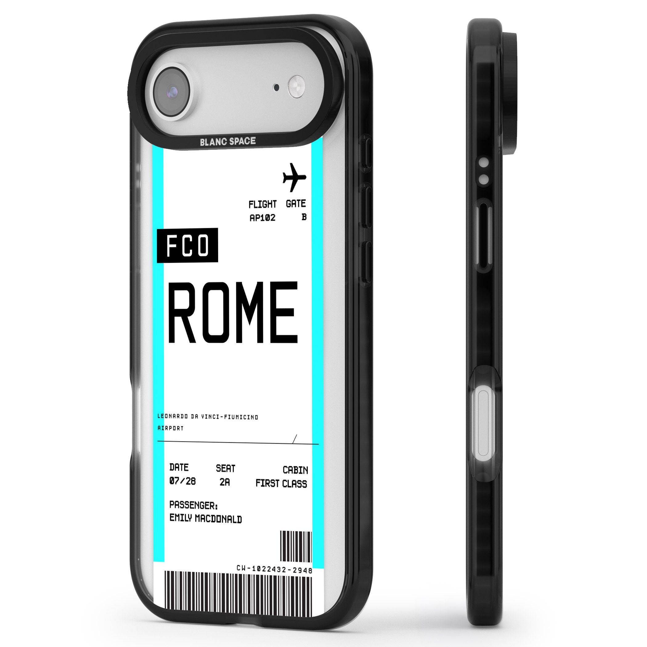 Personalised Rome Boarding Pass iPhone 17 Air Impact Pro Black Phone Case Side Profile
