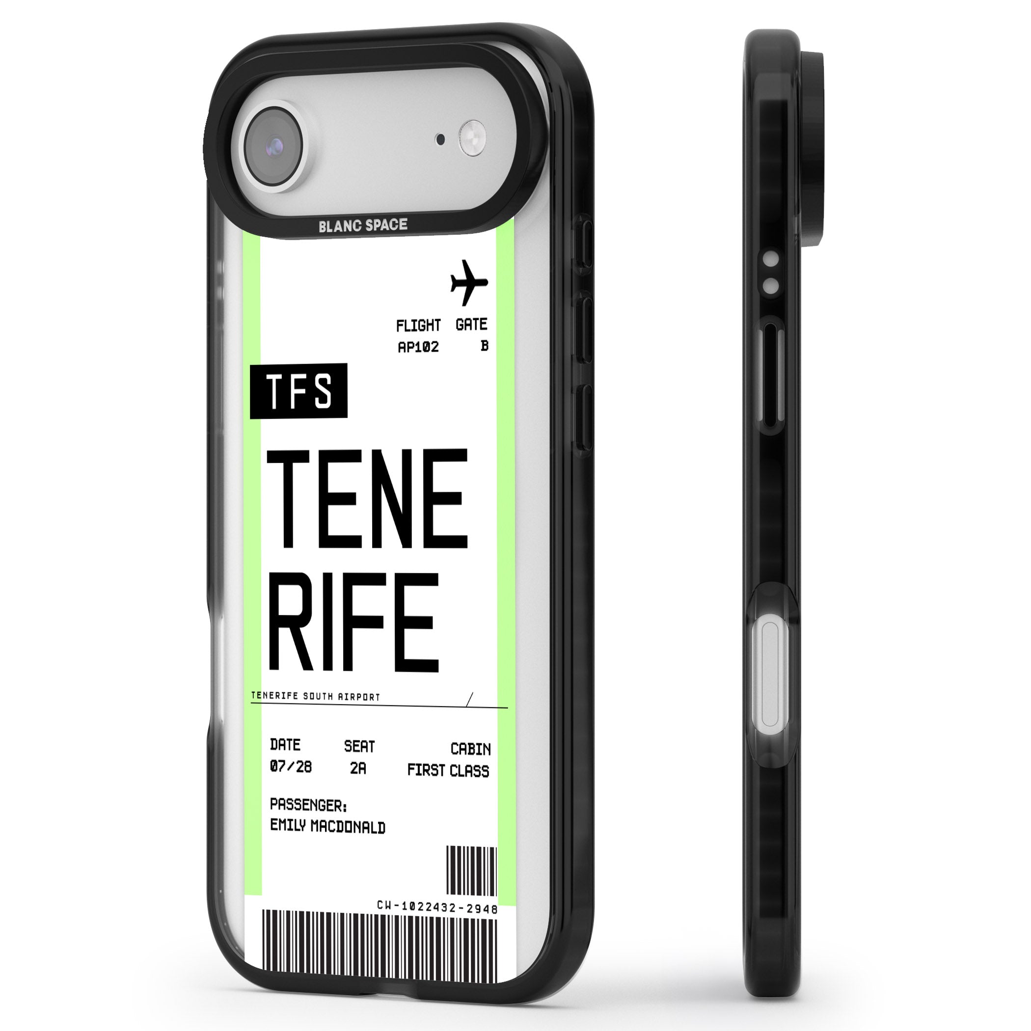 Personalised Tenerife Boarding Pass iPhone 17 Air Impact Pro Black Phone Case Side Profile