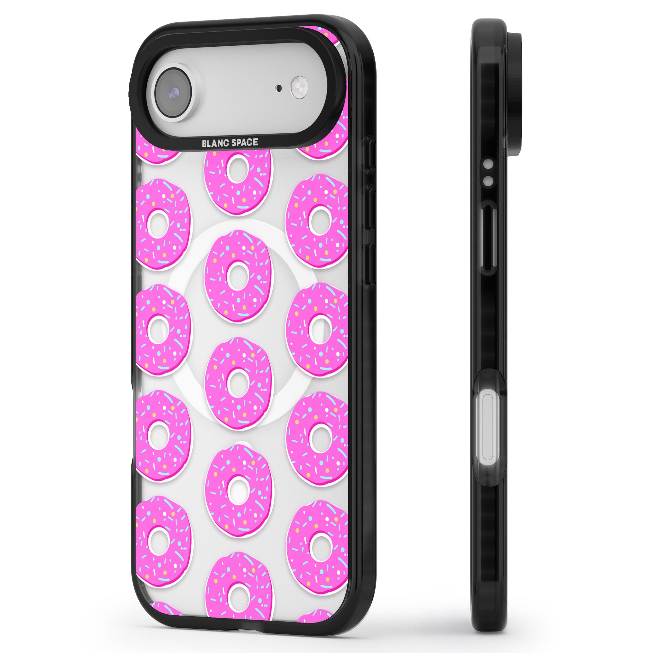 Pink Donut Pattern iPhone 17 Air Impact Pro Black Phone Case Side Profile