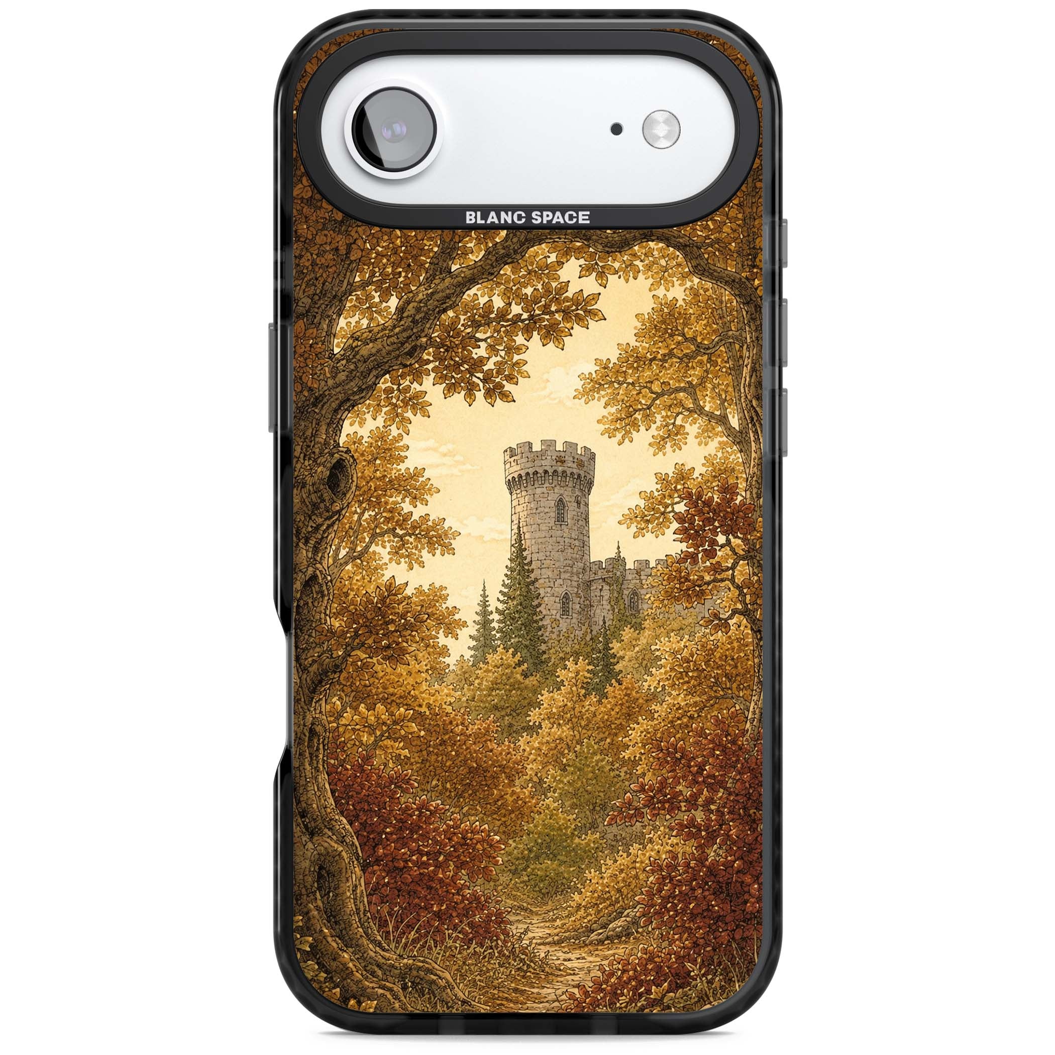 Autumn Keep cottagecore iPhone case featuring a medieval castle tower framed by golden autumn trees and woodland foliage | Black Impact Magsafe case for iPhone Air