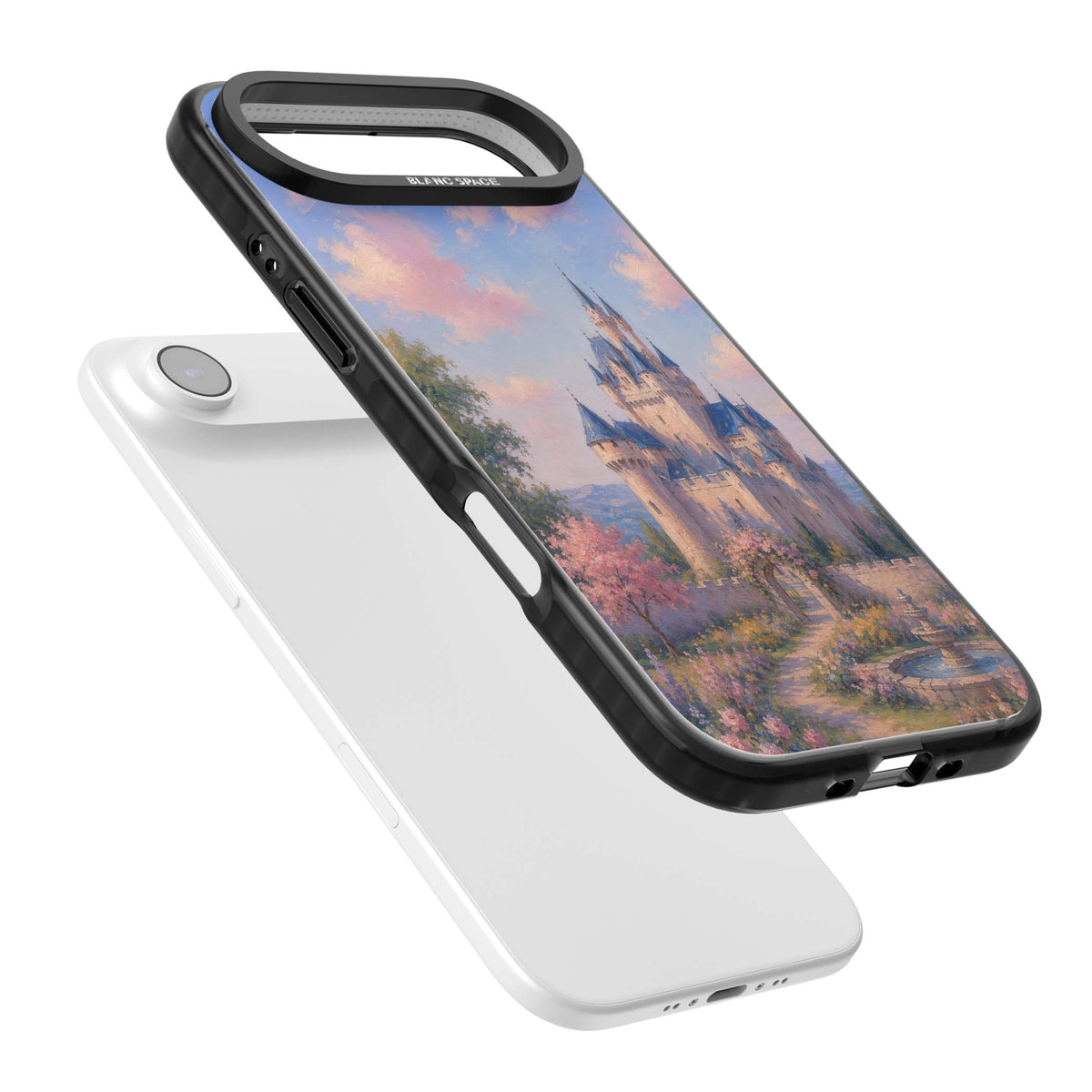 Enchanted Kingdom fairytale iPhone case featuring a romantic castle painting with cherry blossoms and pastel pink sky | Black Impact Magsafe case for iPhone Air