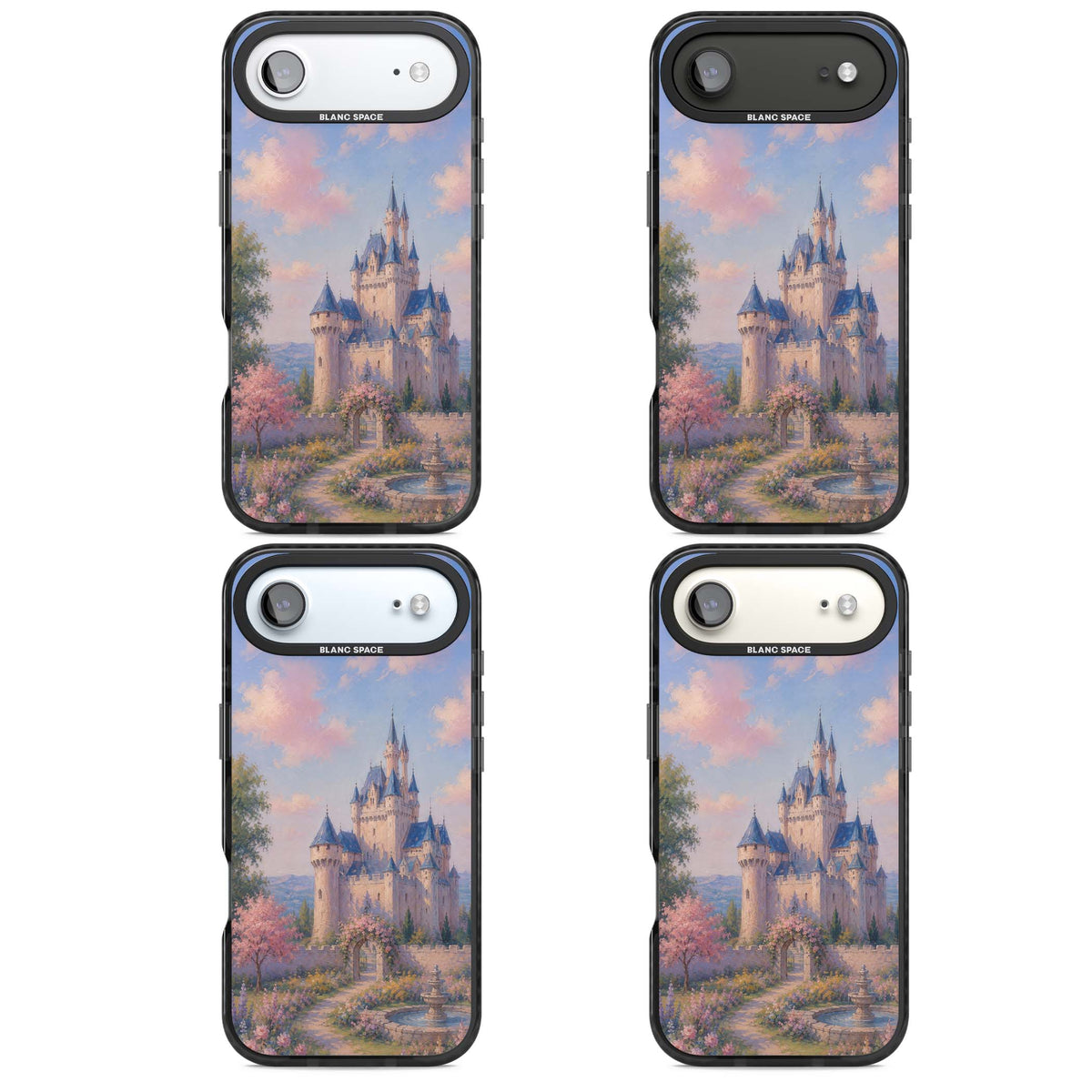 Enchanted Kingdom fairytale iPhone case featuring a romantic castle painting with cherry blossoms and pastel pink sky | Black Impact Magsafe case for iPhone Air