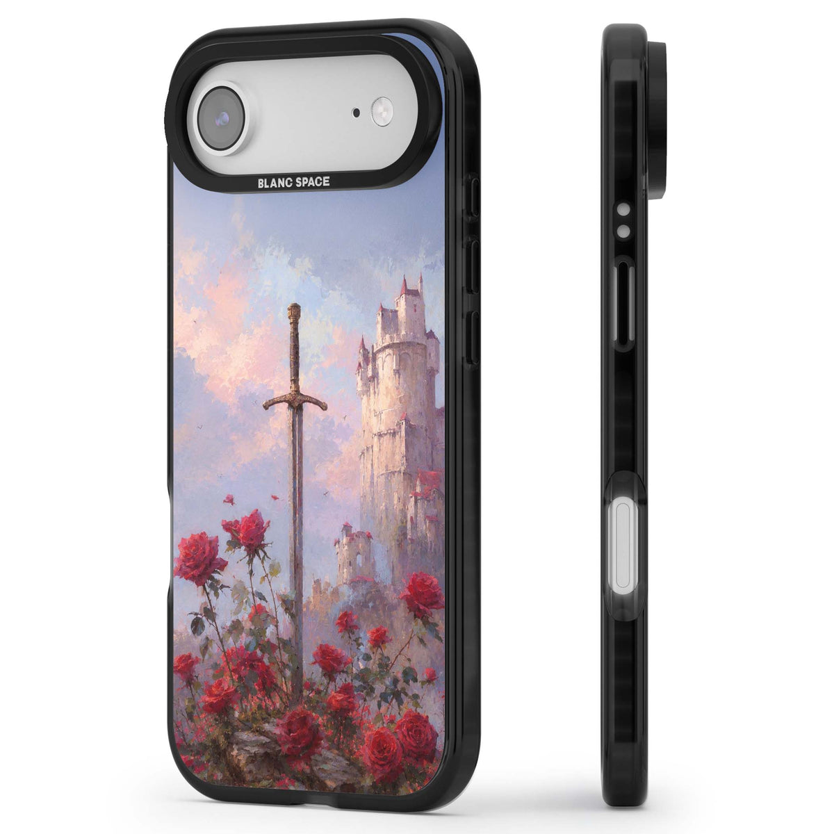 Sword in Roses medieval art iPhone case featuring a sword, red roses, and a misty fairytale castle at sunset | Black Impact Magsafe case for iPhone Air