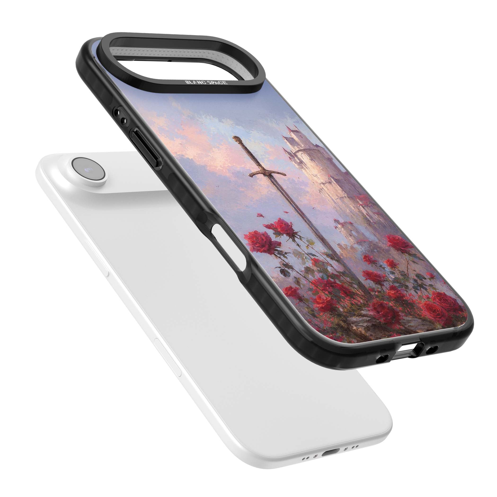 Sword in Roses medieval art iPhone case featuring a sword, red roses, and a misty fairytale castle at sunset | Black Impact Magsafe case for iPhone Air
