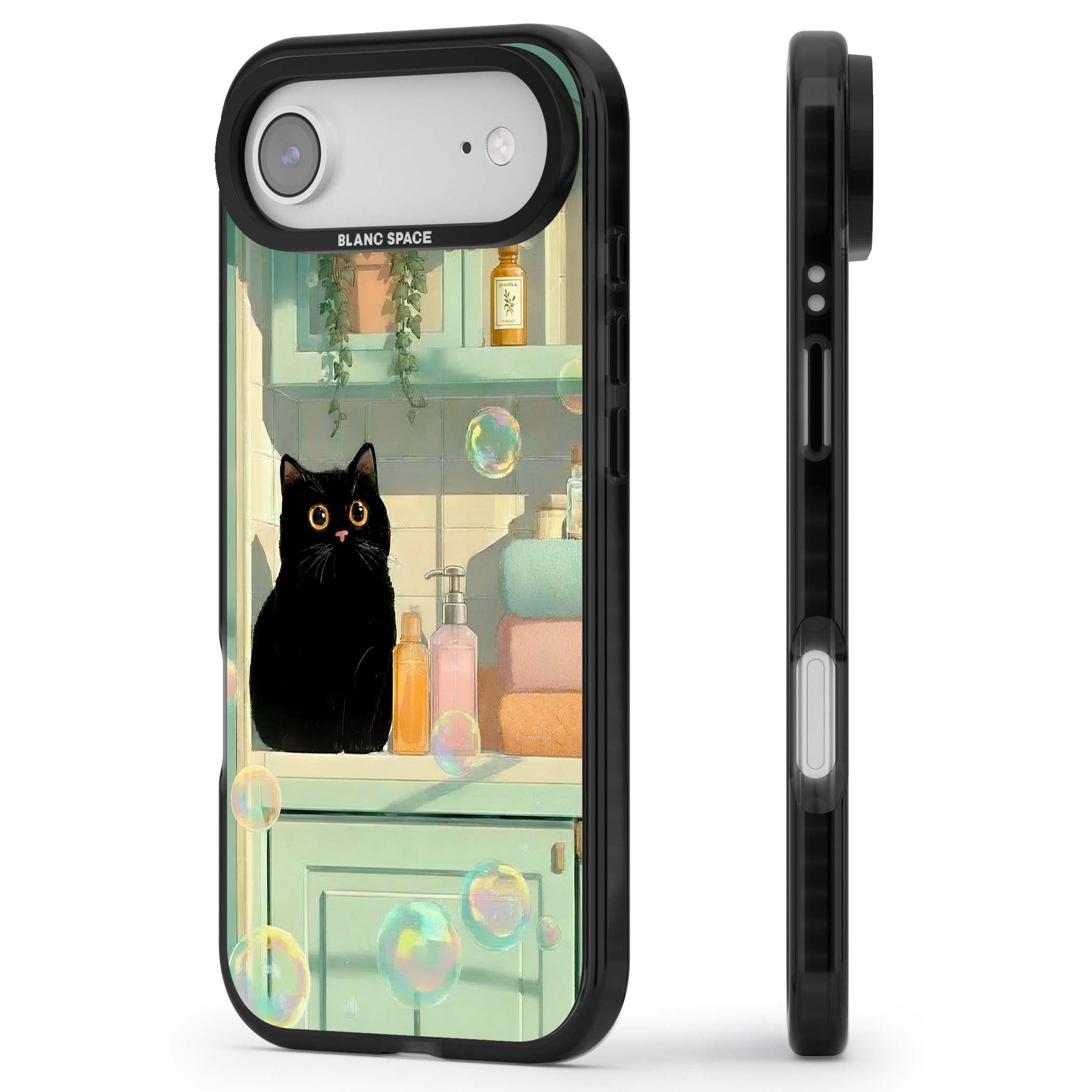 Bathroom Bubble Kitty cottagecore iPhone case featuring a black cat, mint bathroom scene and floating soap bubbles | Black Impact Magsafe case for iPhone Air
