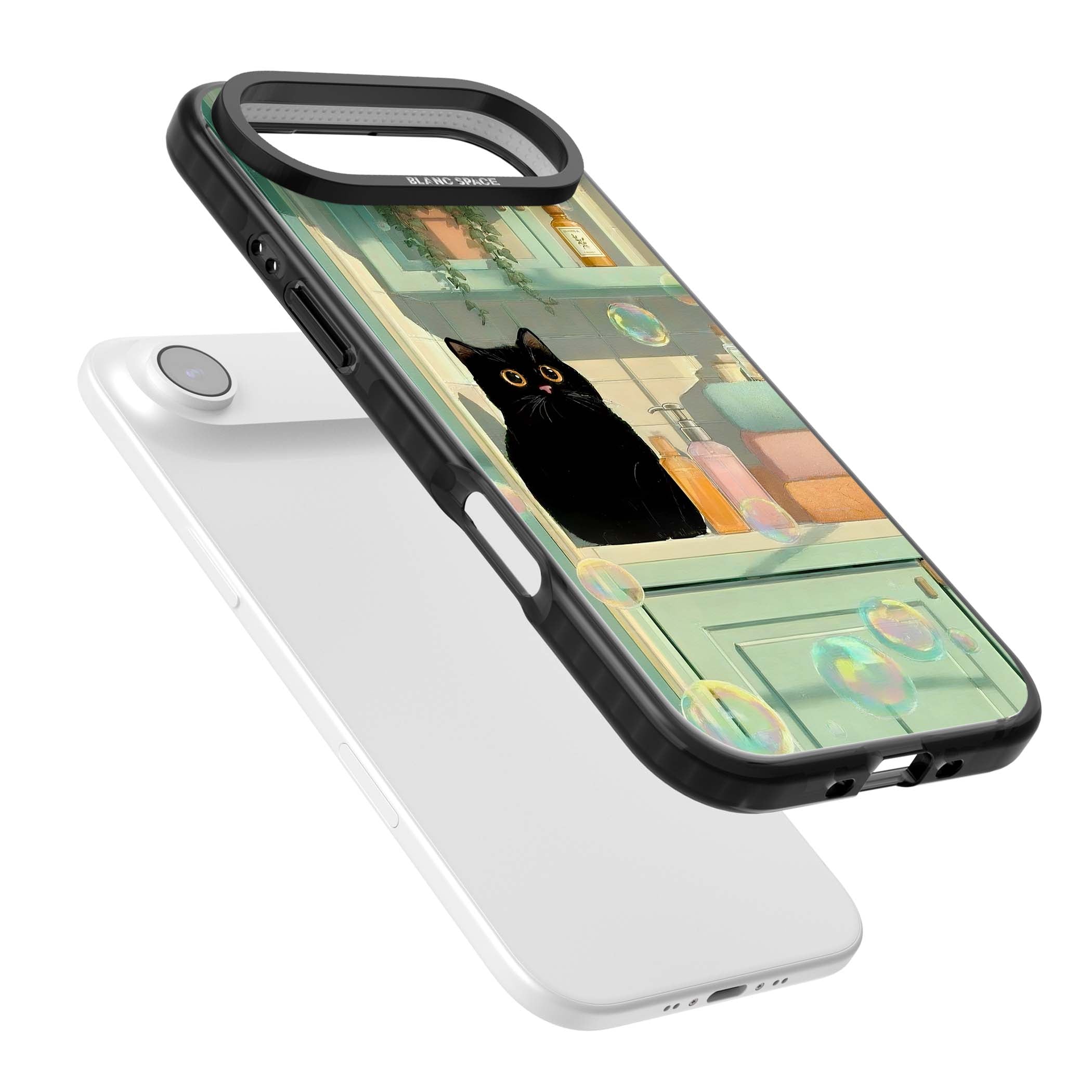 Bathroom Bubble Kitty cottagecore iPhone case featuring a black cat, mint bathroom scene and floating soap bubbles | Black Impact Magsafe case for iPhone Air