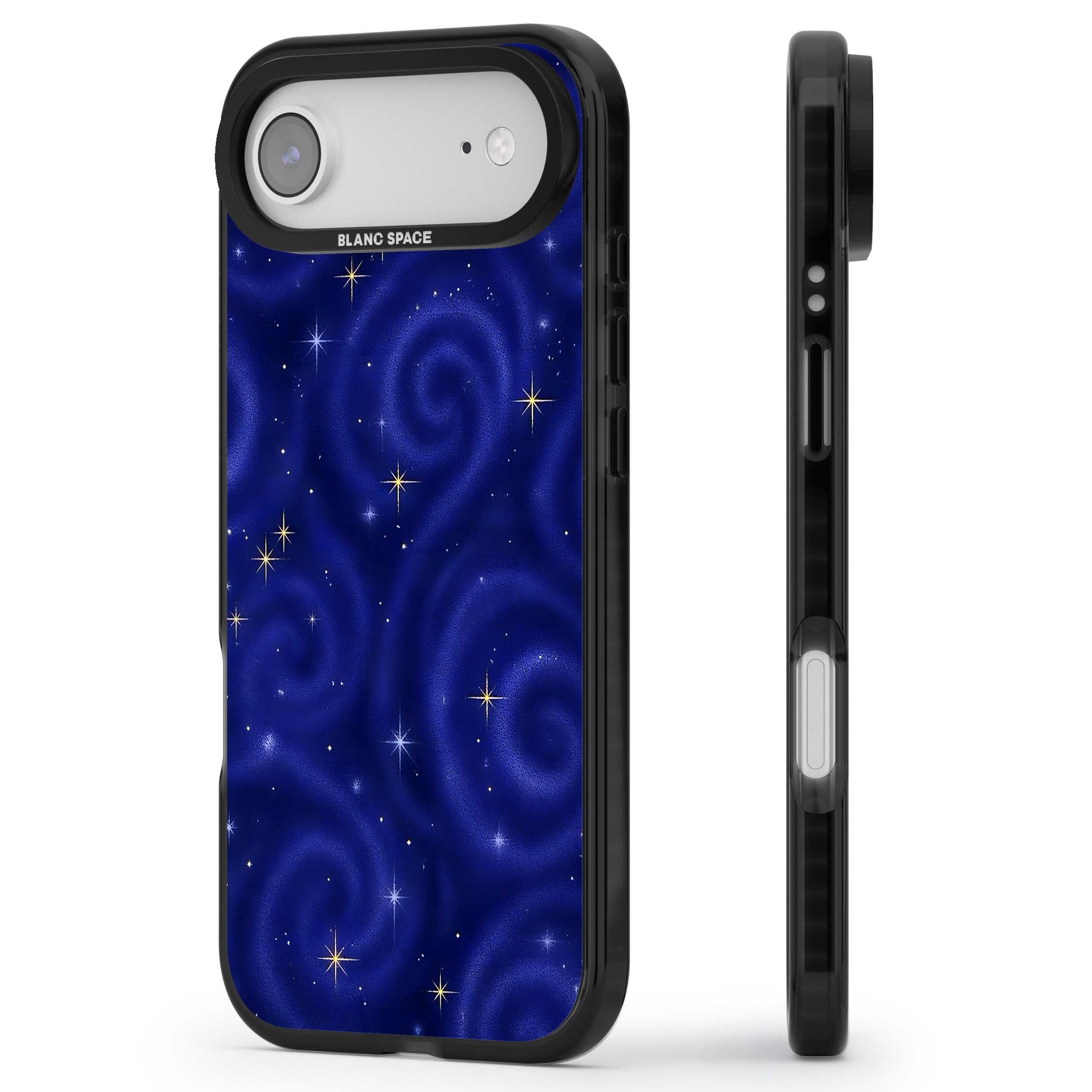 Indigo Cosmos celestial iPhone case featuring swirling navy night sky and sparkling golden stars | Black Impact Magsafe case for iPhone Air