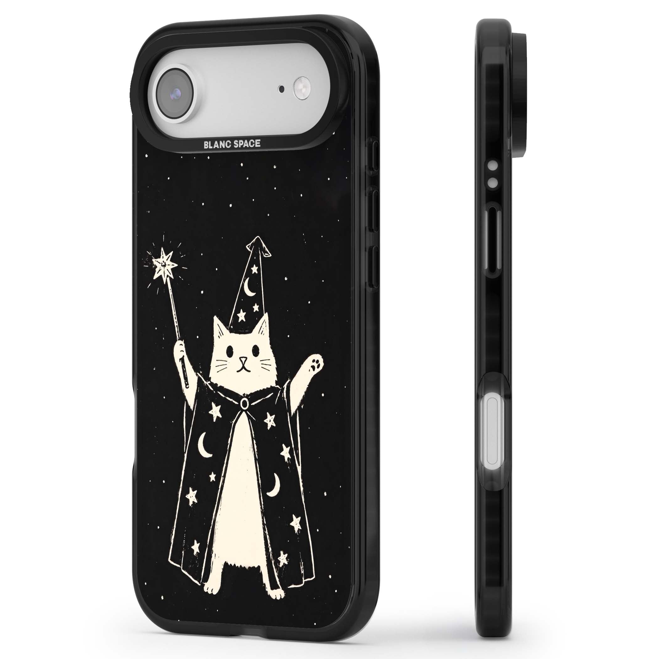 Whisker Wizard celestial cat iPhone case featuring a wizard cat with magic wand, starry night sky and crescent moons | Black Impact Magsafe case for iPhone Air