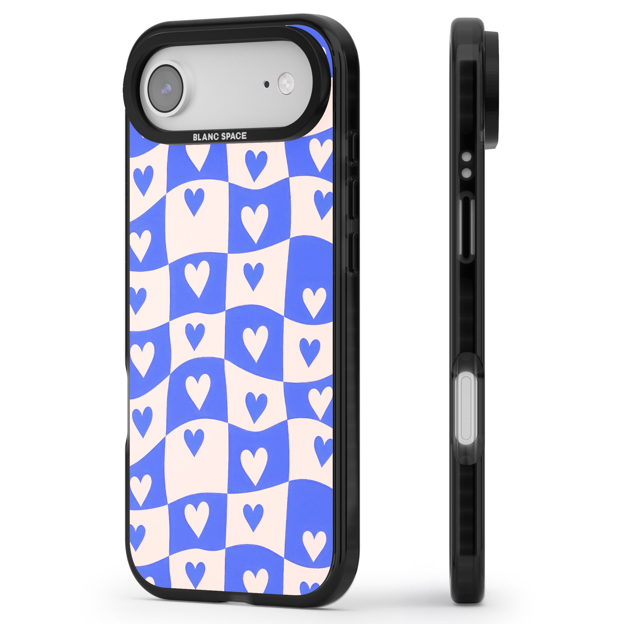 Blue Wavy Checked Hearts iPhone 17 Air Impact Pro Black Phone Case Side Profile