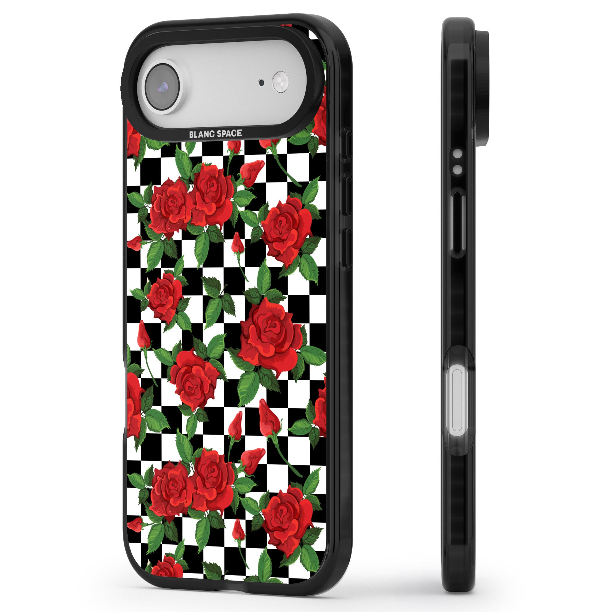Checkered Roses iPhone 17 Air Impact Pro Black Phone Case Side Profile