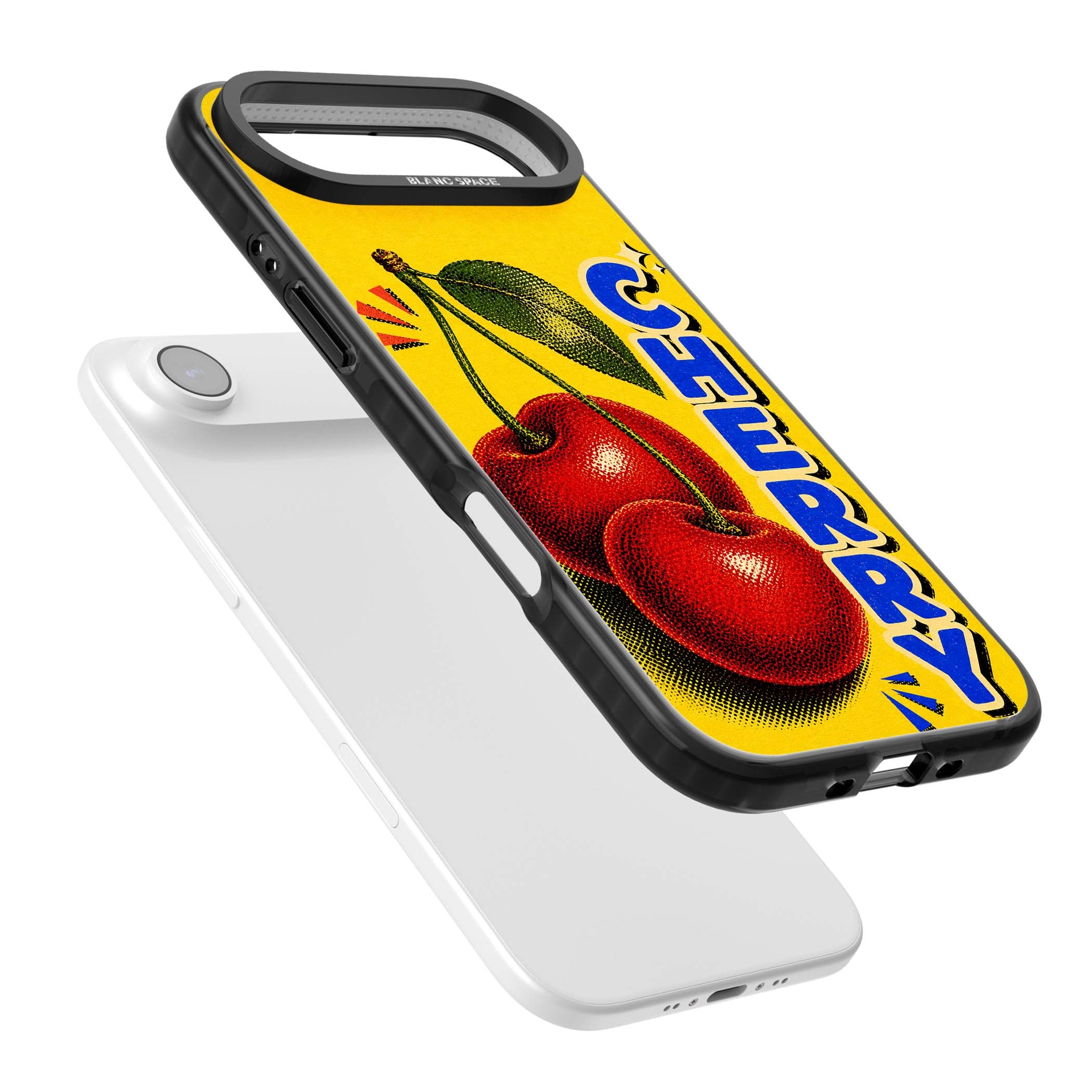 Cherry Yellow y2k iPhone case featuring two red cherries, halftone shading and bold blue CHERRY lettering on yellow | Black Impact Magsafe case for iPhone Air