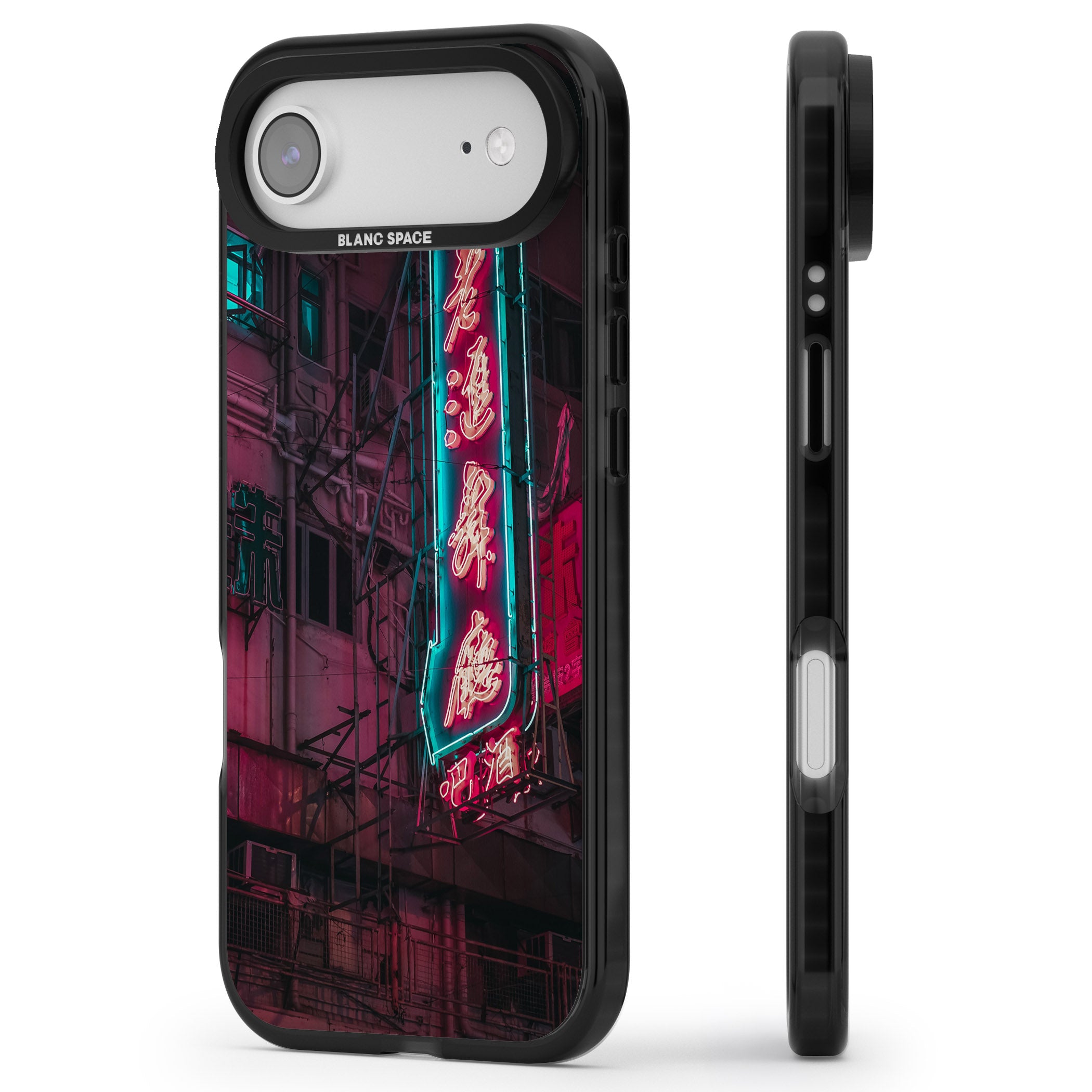Neon Kanji Cityscape iPhone 17 Air Impact Pro Black Phone Case Side Profile