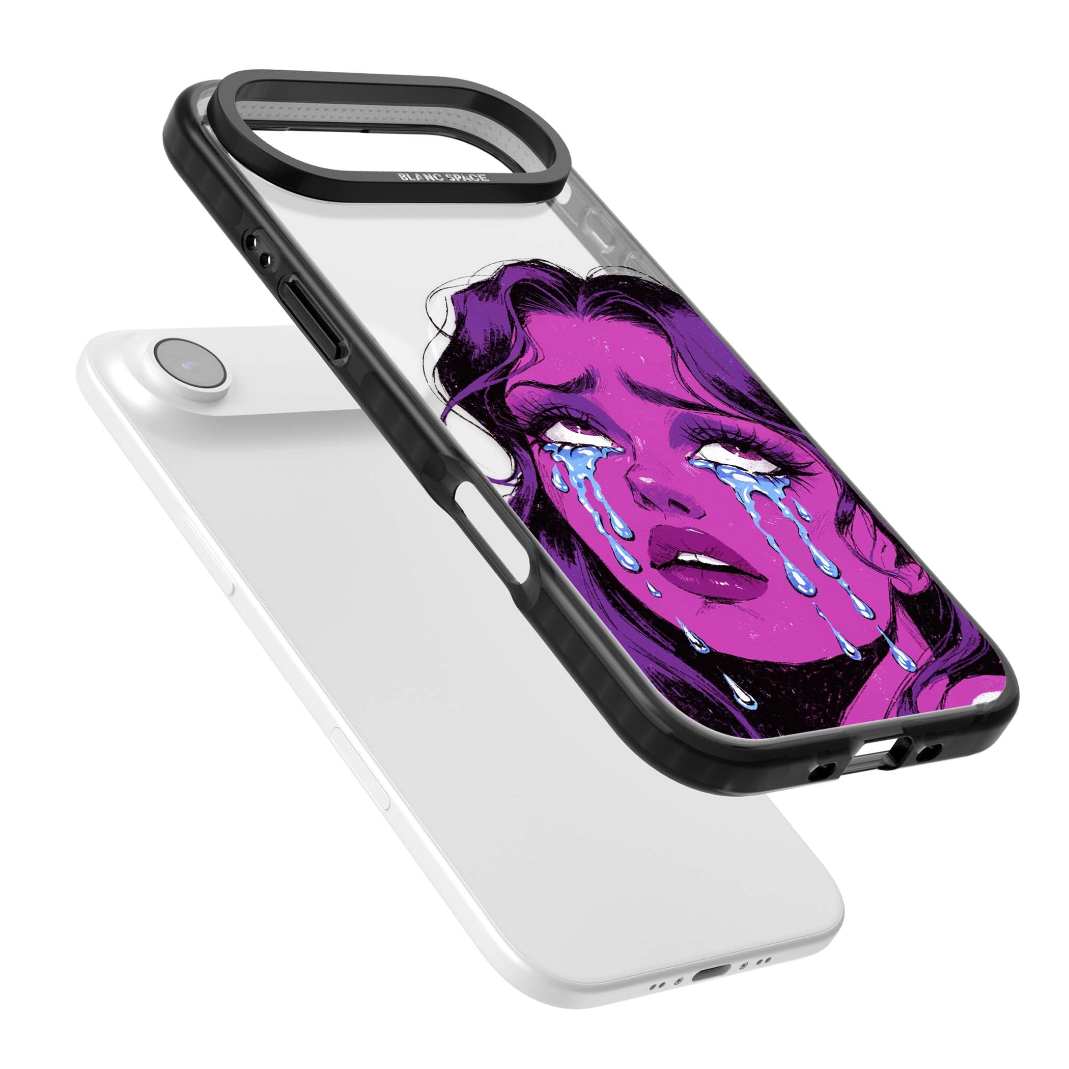 Drama Queen pop art iPhone case featuring a purple crying comic girl with blue tears | Black Impact Magsafe case for iPhone Air