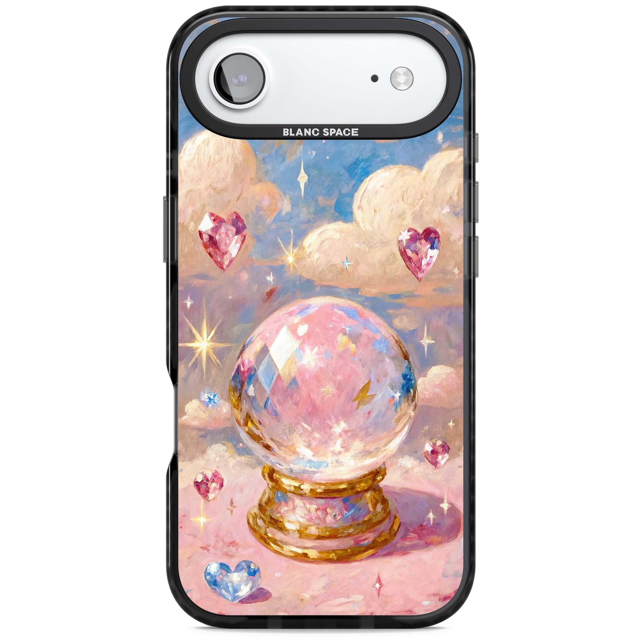 Crystal Ball fairycore iPhone case featuring a painted crystal ball, heart gemstones, and pastel clouds | Black Impact Magsafe case for iPhone Air