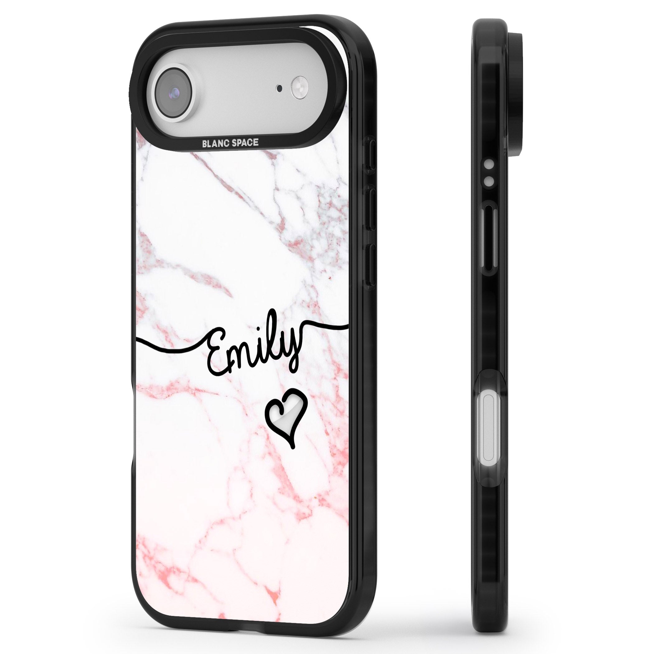 Personalised Pink Fade Marble Heart iPhone 17 Air Impact Pro Black Phone Case Side Profile
