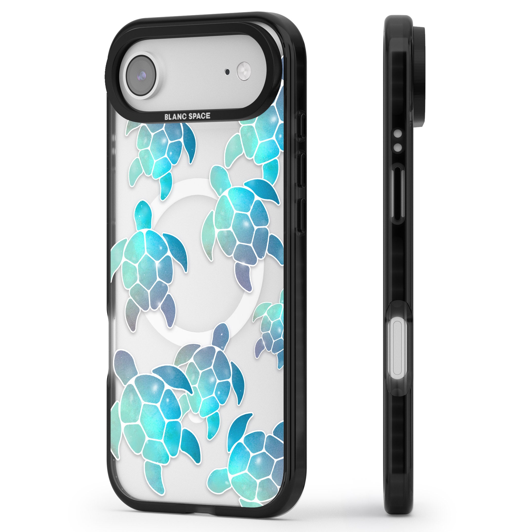 Aqua Space Turtles iPhone 17 Air Impact Pro Black Phone Case Side Profile