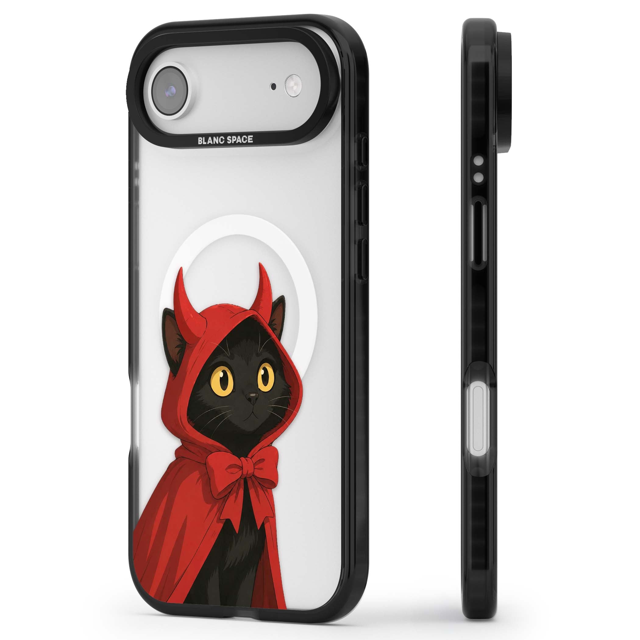 Little Devil halloween iPhone case featuring a black cat in a red hooded devil cloak with horns and golden eyes | Black Impact Magsafe case for iPhone Air