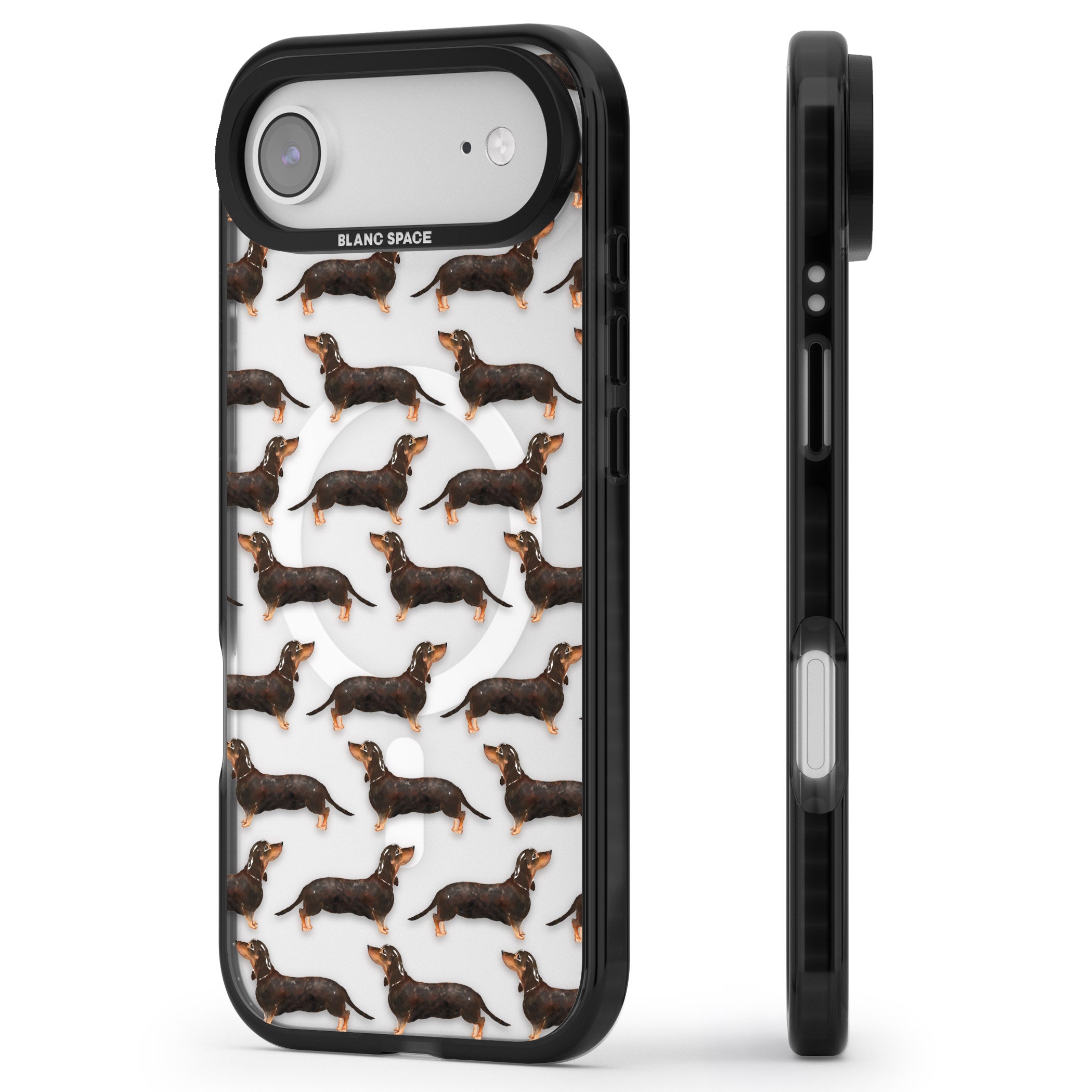 Dachshund Pattern Black Tan iPhone 17 Air Impact Pro Black Phone Case Side Profile