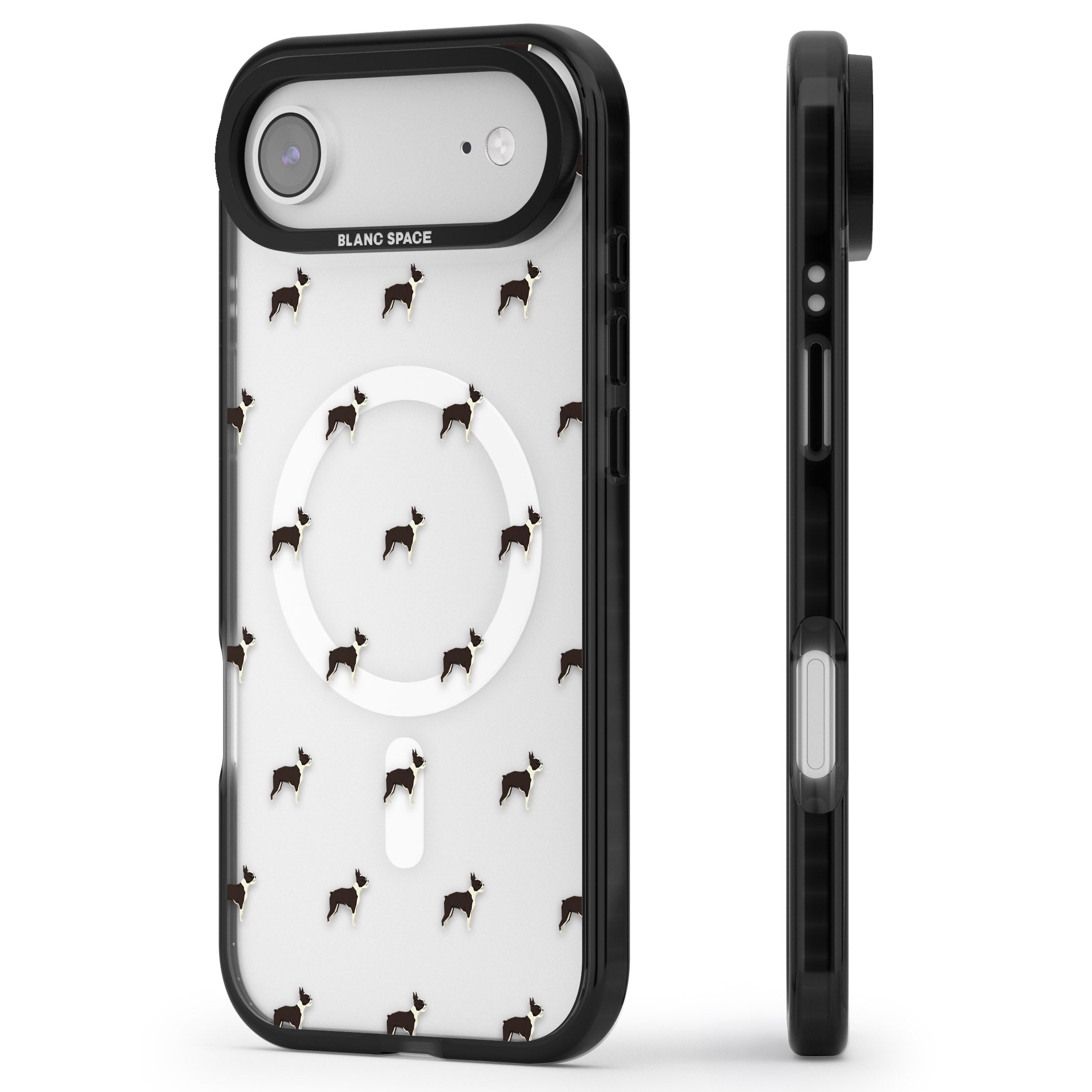 Boston Terrier Pattern iPhone 17 Air Impact Pro Black Phone Case Side Profile