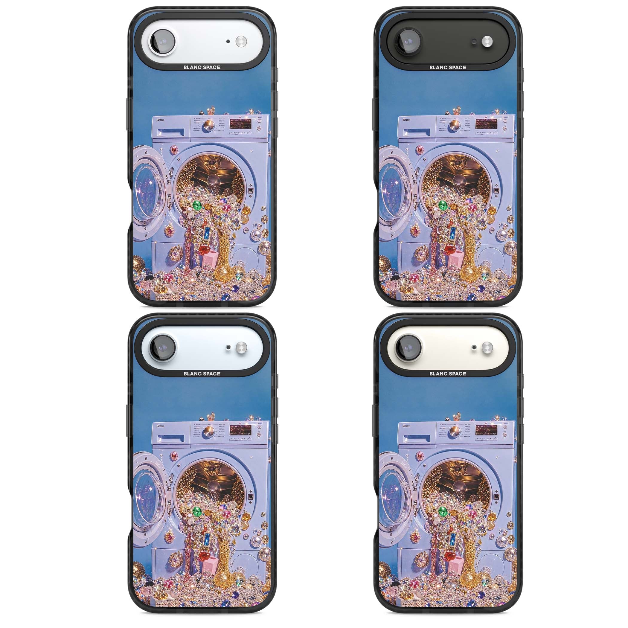 Gem Laundry baddie iPhone case featuring a surreal washing machine overflowing with colourful gemstones and crystals | Black Impact Magsafe case for iPhone Air