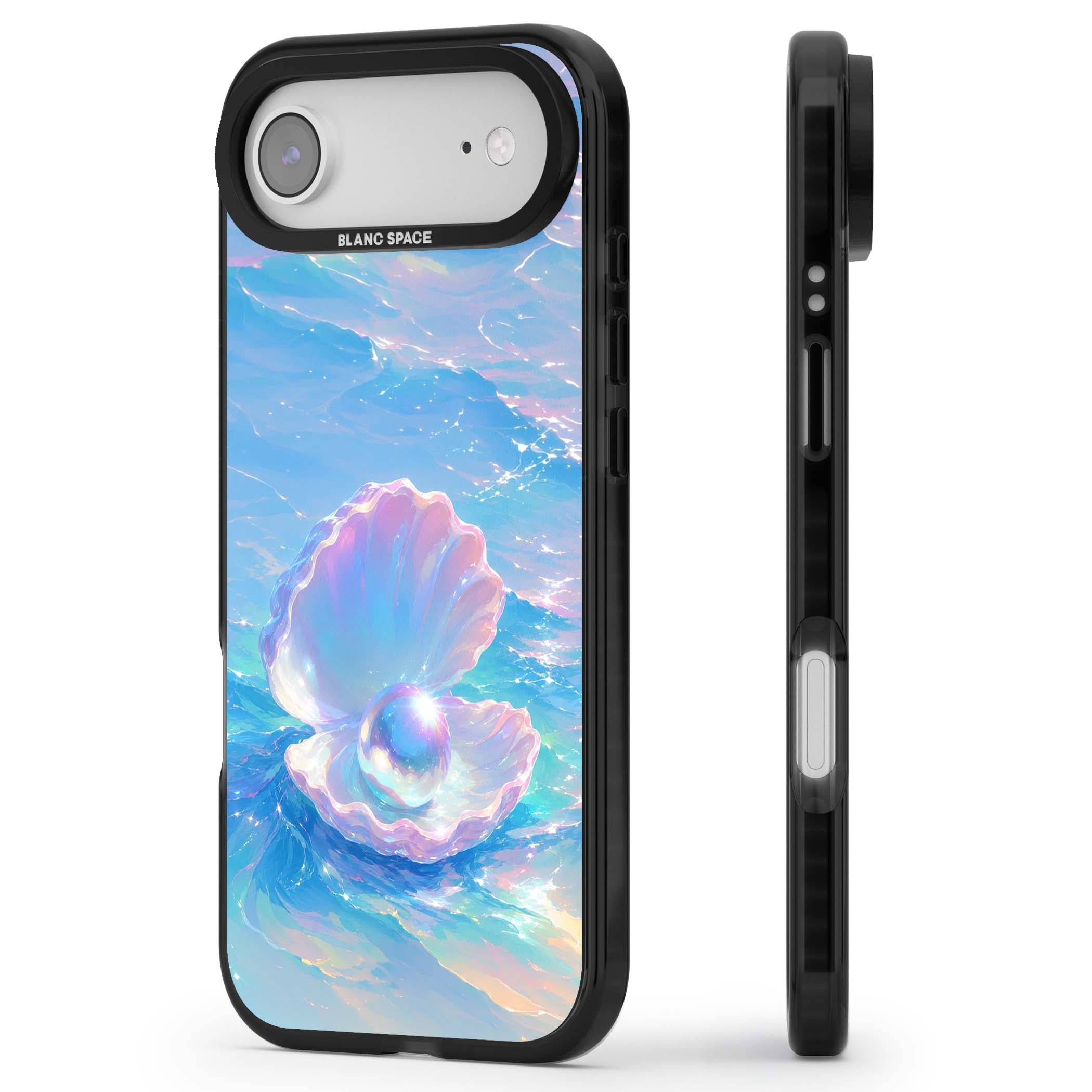 The Pearl Clam mermaidcore iPhone case featuring iridescent seashell, glowing pearl and pastel ocean waves | Black Impact Magsafe case for iPhone Air