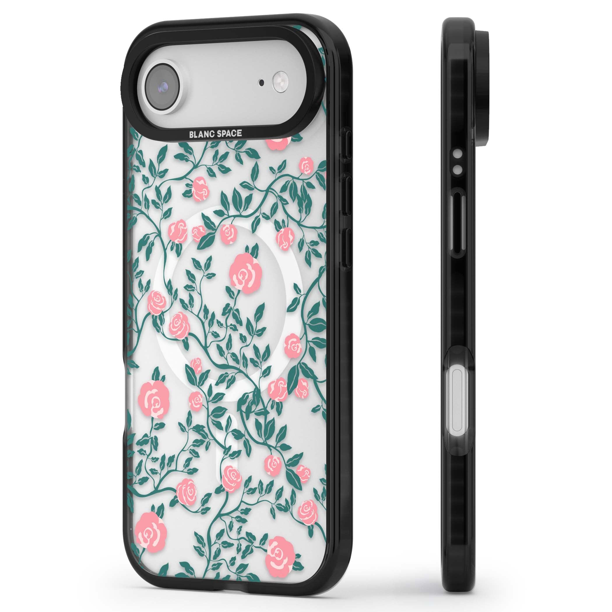 Rose Trellis (Clear) cottagecore iPhone case featuring pink climbing roses and green leaves on clear background | Black Impact Magsafe case for iPhone Air