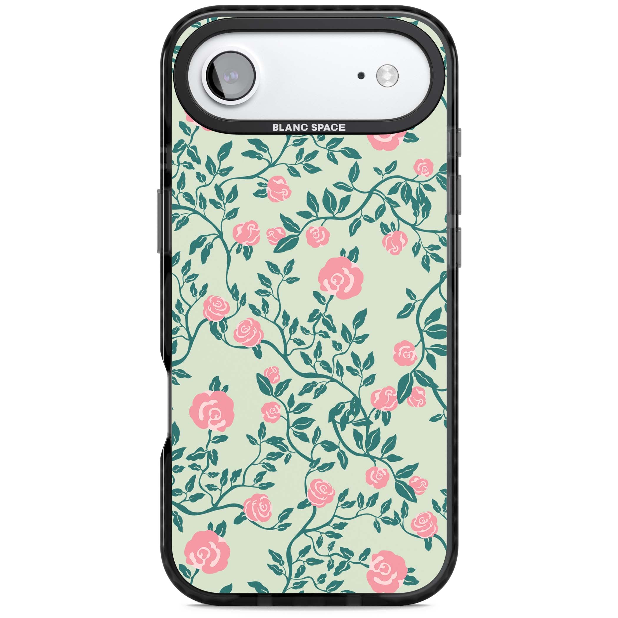 Rose Trellis cottagecore iPhone case featuring pink roses, sage green vines, and mint background | Black Impact Magsafe case for iPhone Air