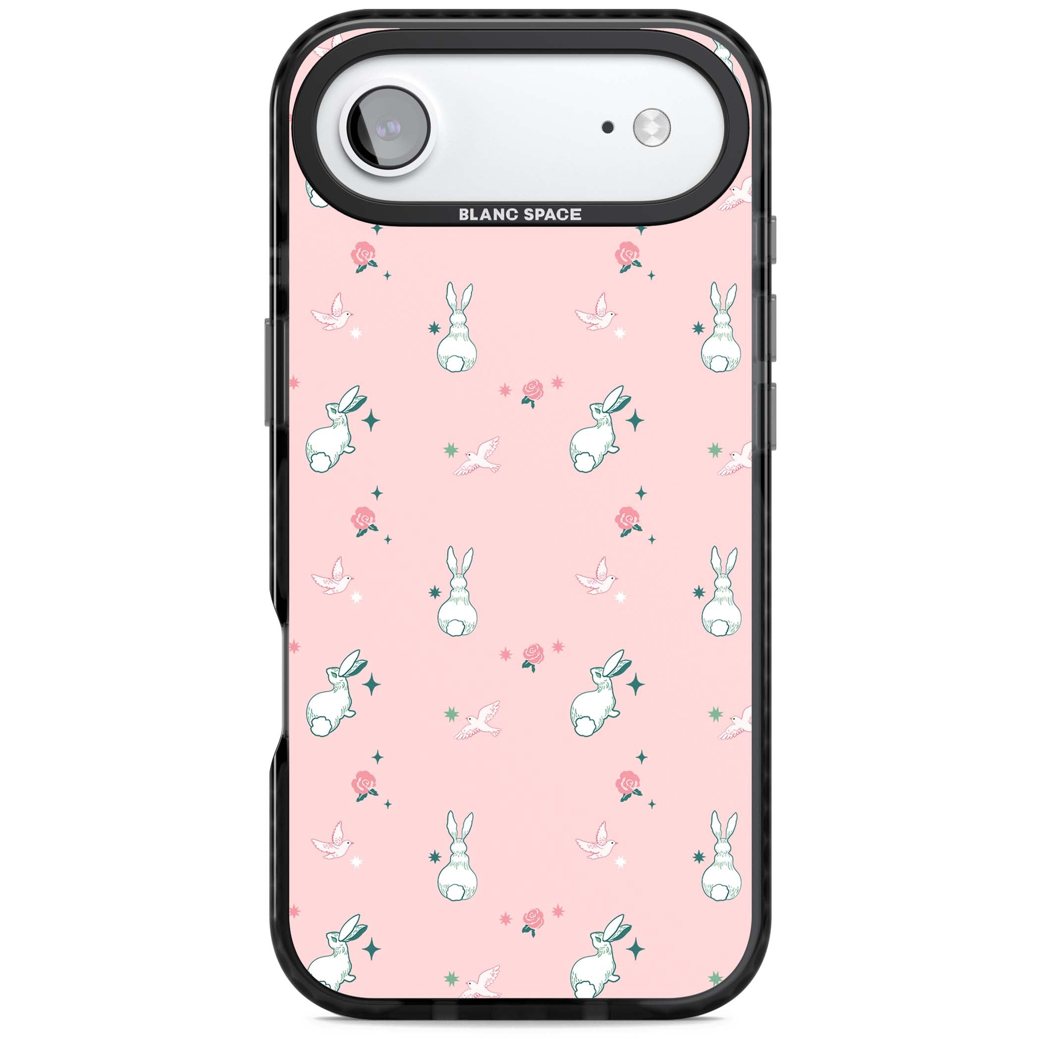 Bunny Garden kawaii iPhone case featuring white rabbits, pink roses, doves and stars on pink background | Black Impact Magsafe case for iPhone Air