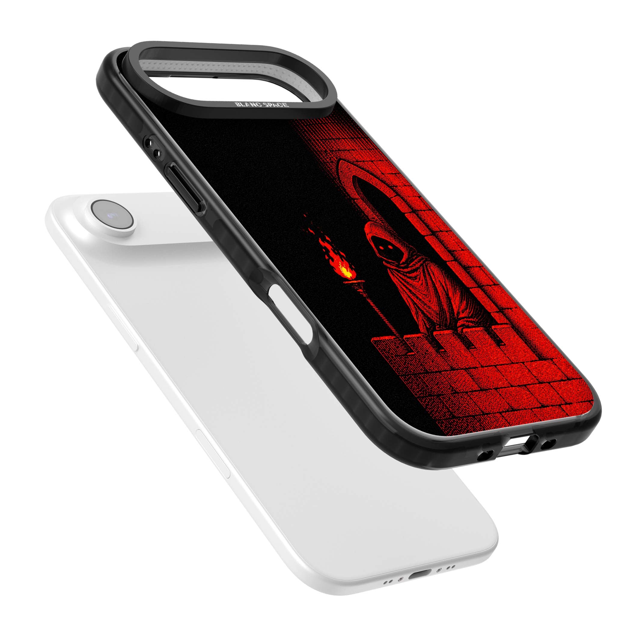 Crimson Crypt gothic iPhone case featuring a hooded reaper, torchlit crypt archway and red halftone horror art | Black Impact Magsafe case for iPhone Air