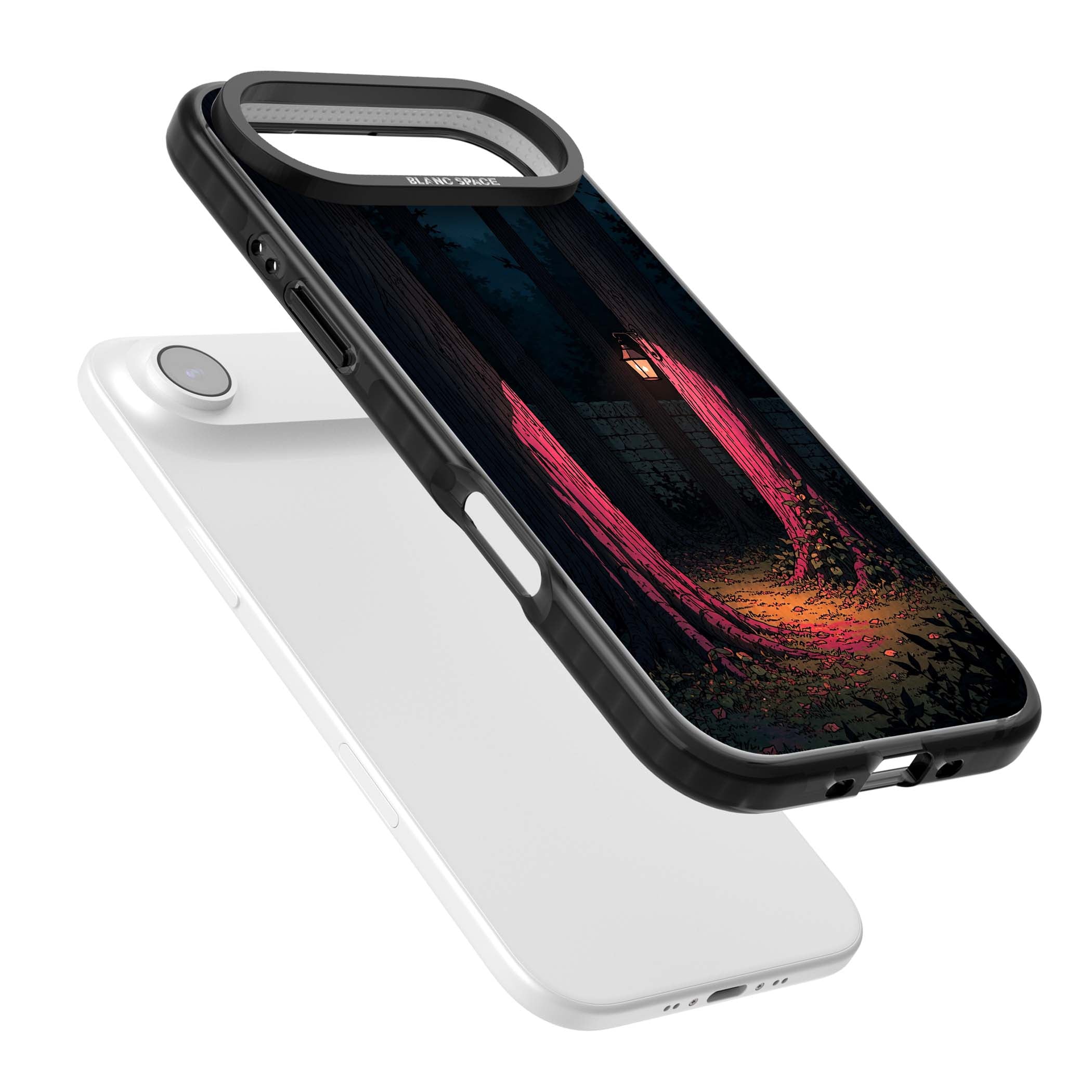 Forest Lantern dark academia iPhone case featuring a moonlit forest, glowing lantern, and stone wall pathway | Black Impact Magsafe case for iPhone Air