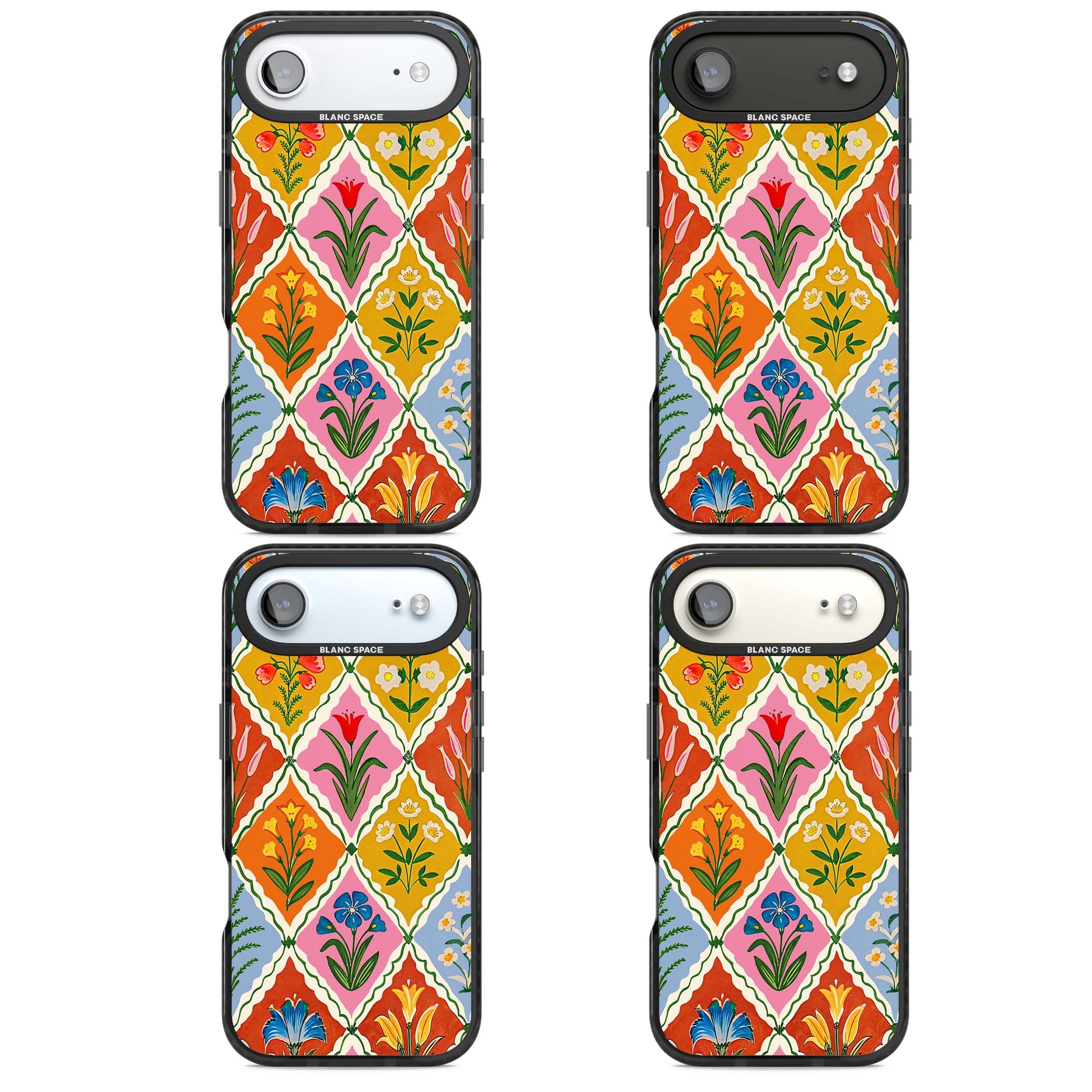 Floral Quilt boho floral iPhone case featuring diamond lattice pattern, hand-painted tulips and folk art wildflowers | Black Impact Magsafe case for iPhone Air