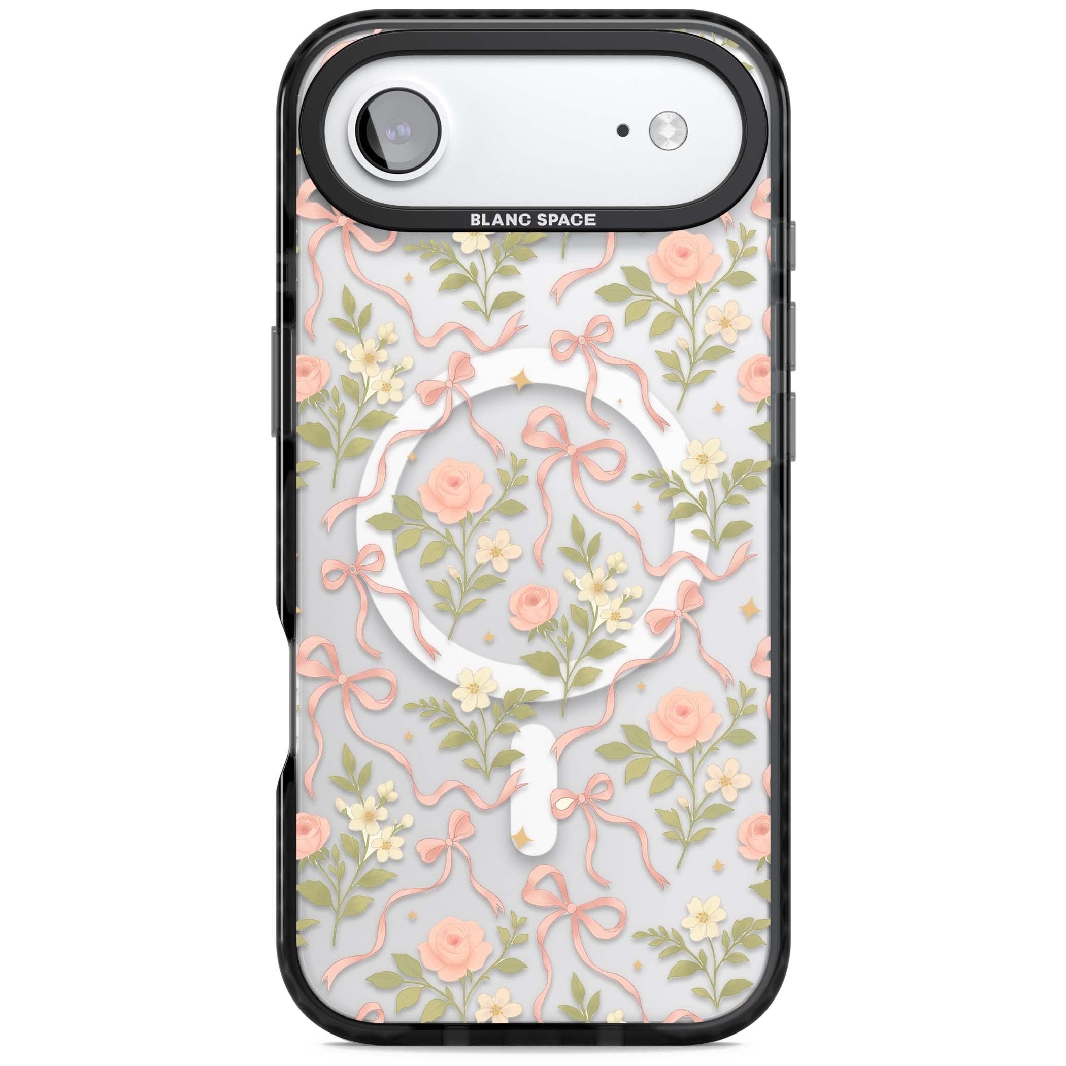 Ribbon Garden coquette iPhone case featuring pink bows, peach roses and wildflowers on white background | Black Impact Magsafe case for iPhone Air