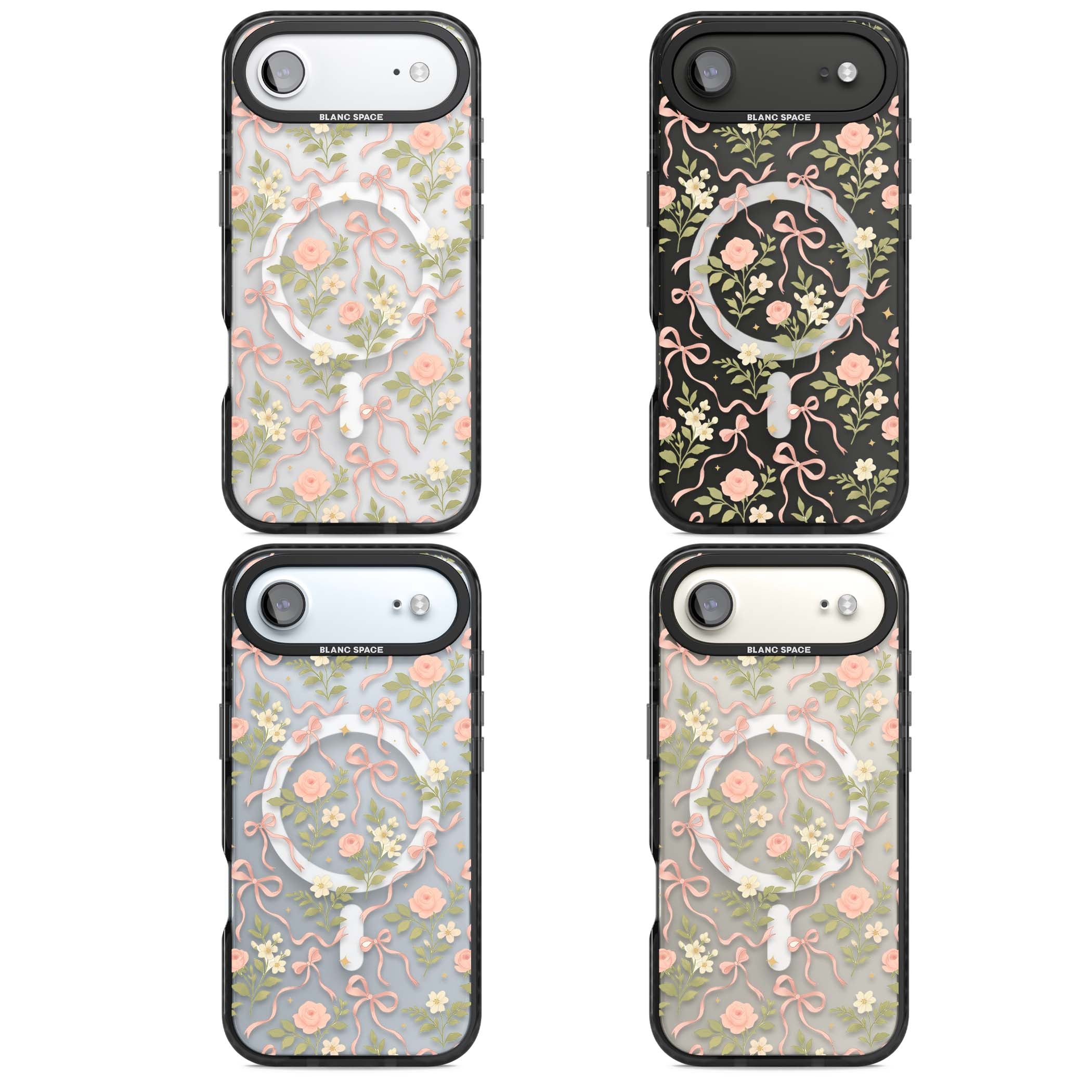 Ribbon Garden coquette iPhone case featuring pink bows, peach roses and wildflowers on white background | Black Impact Magsafe case for iPhone Air