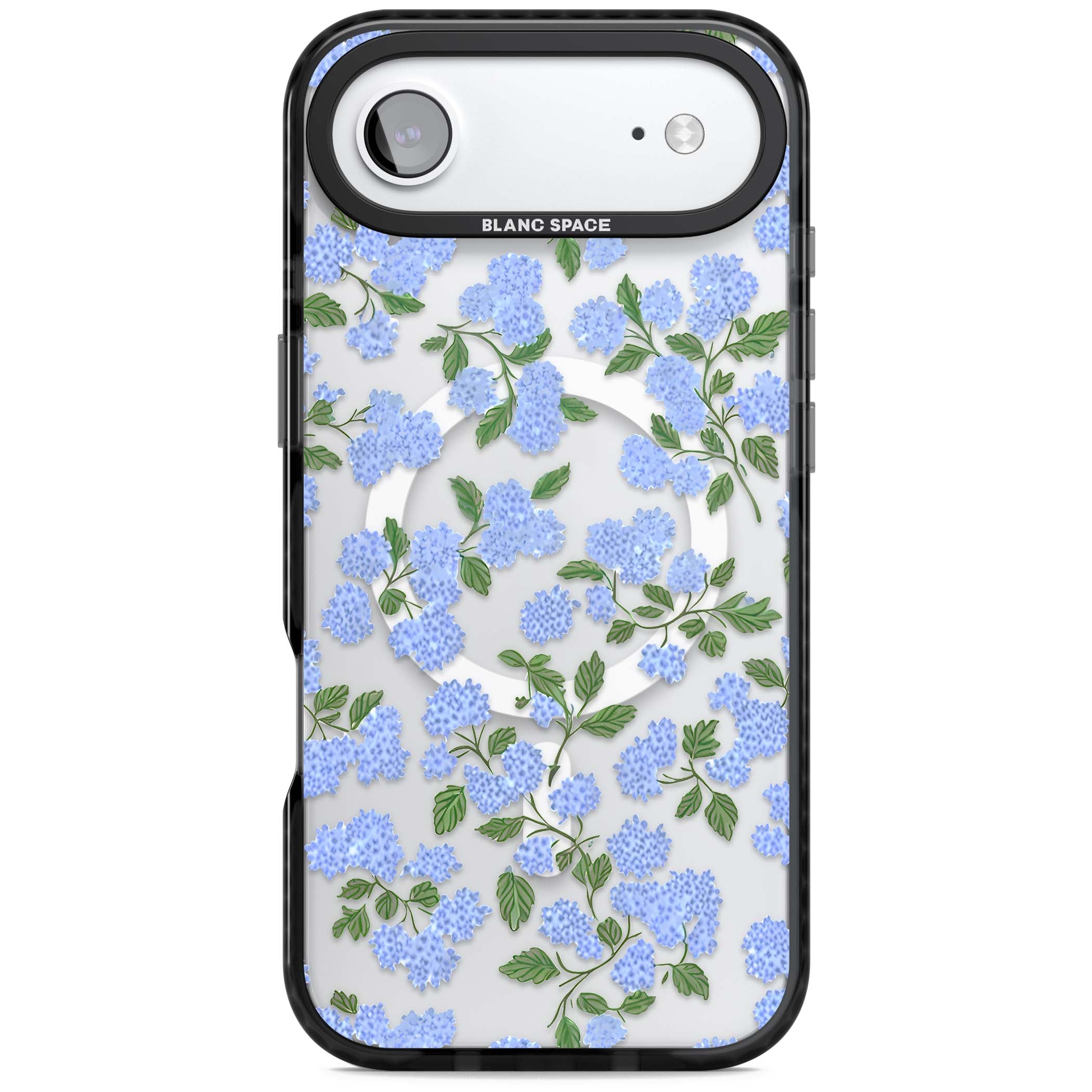 Hydrangea Dreams cottagecore iPhone case featuring soft blue hydrangea flower clusters and green leaves | Black Impact Magsafe case for iPhone Air