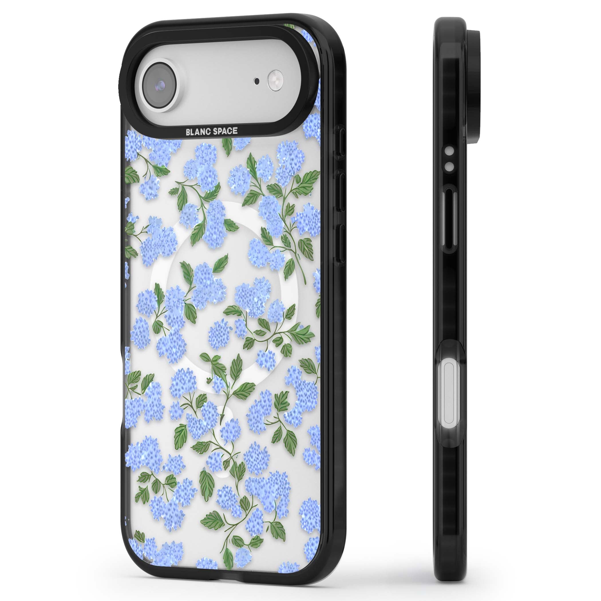 Hydrangea Dreams cottagecore iPhone case featuring soft blue hydrangea flower clusters and green leaves | Black Impact Magsafe case for iPhone Air