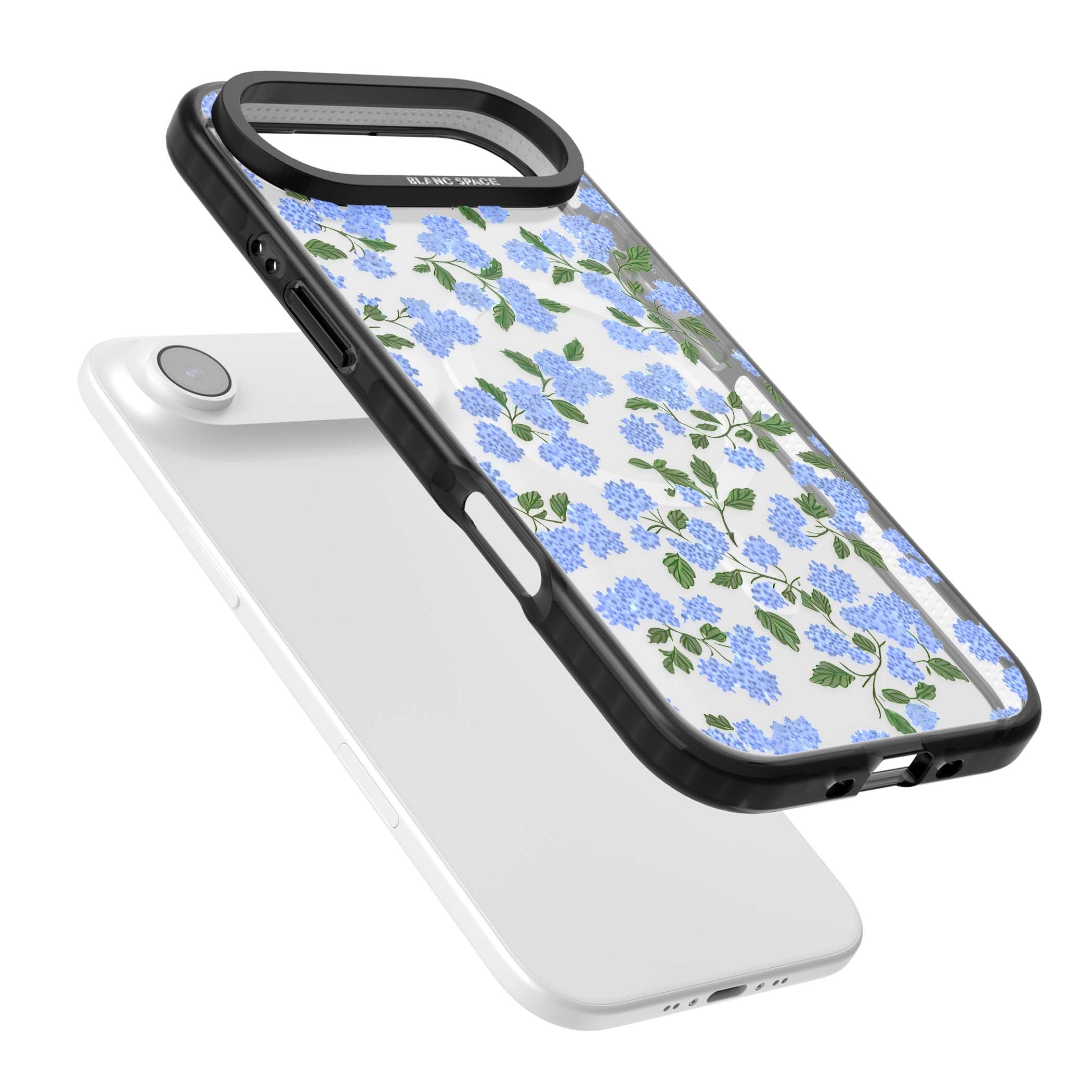 Hydrangea Dreams cottagecore iPhone case featuring soft blue hydrangea flower clusters and green leaves | Black Impact Magsafe case for iPhone Air
