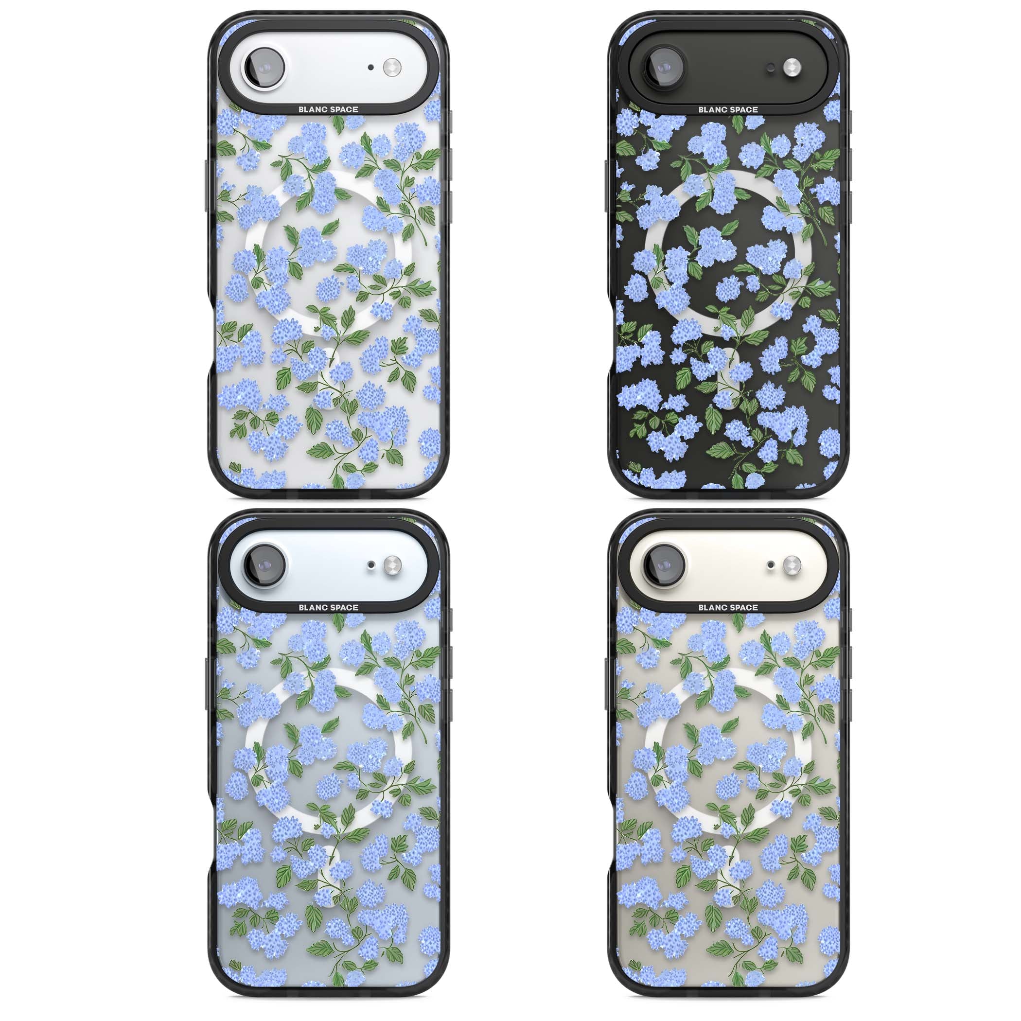 Hydrangea Dreams cottagecore iPhone case featuring soft blue hydrangea flower clusters and green leaves | Black Impact Magsafe case for iPhone Air