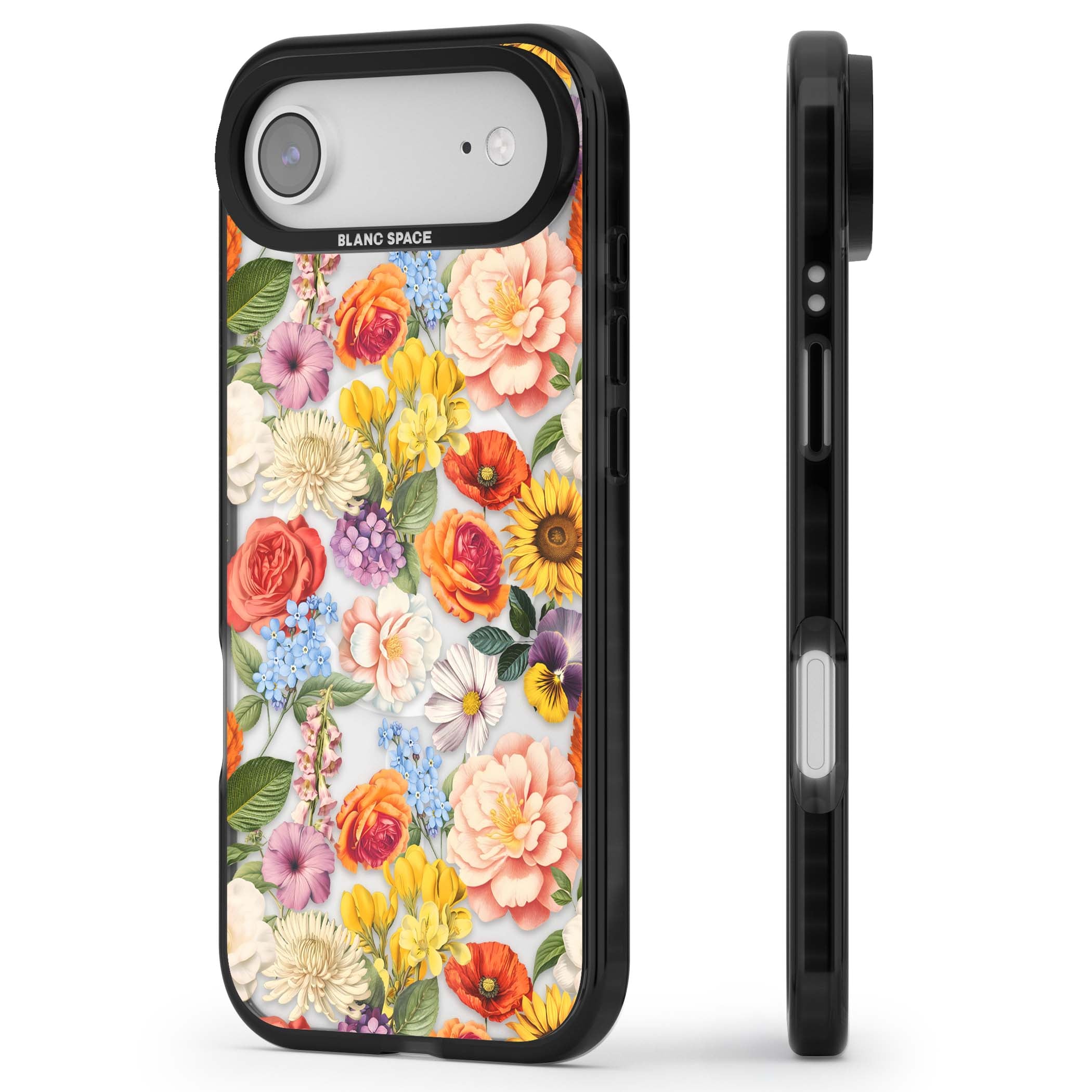 Bloom Basket floral iPhone case featuring cottage garden flowers including peonies, sunflowers, and wildflowers in pastel col | Black Impact Magsafe case for iPhone Air