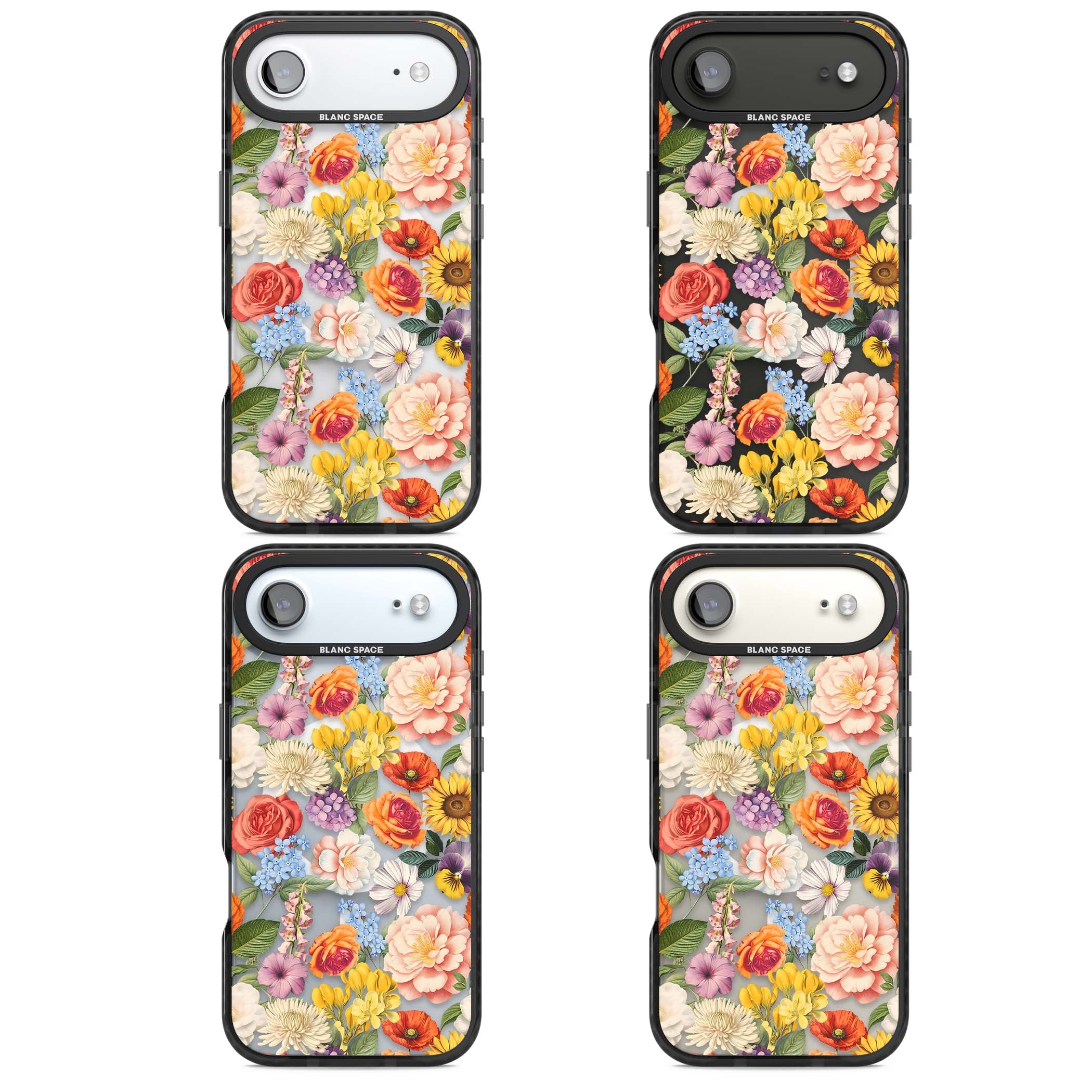 Bloom Basket floral iPhone case featuring cottage garden flowers including peonies, sunflowers, and wildflowers in pastel col | Black Impact Magsafe case for iPhone Air