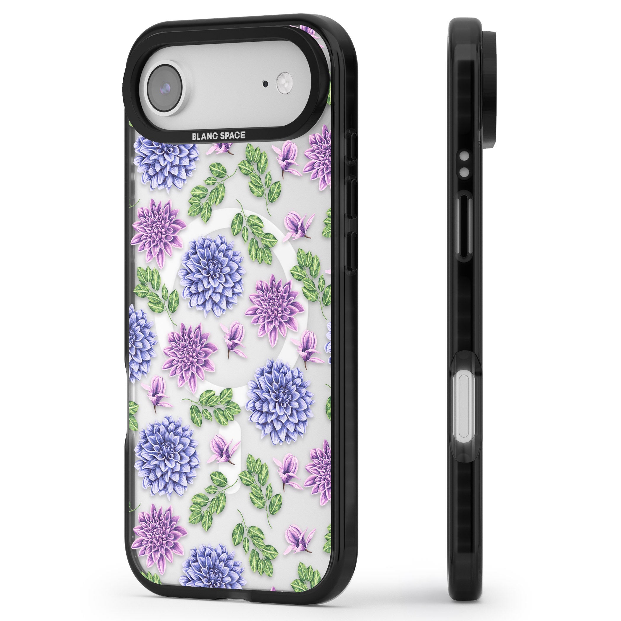 Purple Dahlias Floral iPhone 17 Air Impact Pro Black Phone Case Side Profile