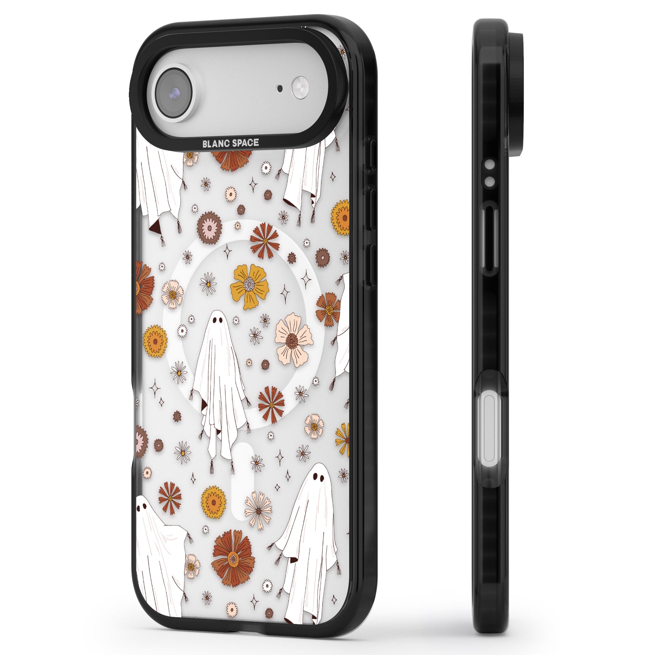 Halloween Ghosts And Flowers iPhone 17 Air Impact Pro Black Phone Case Side Profile