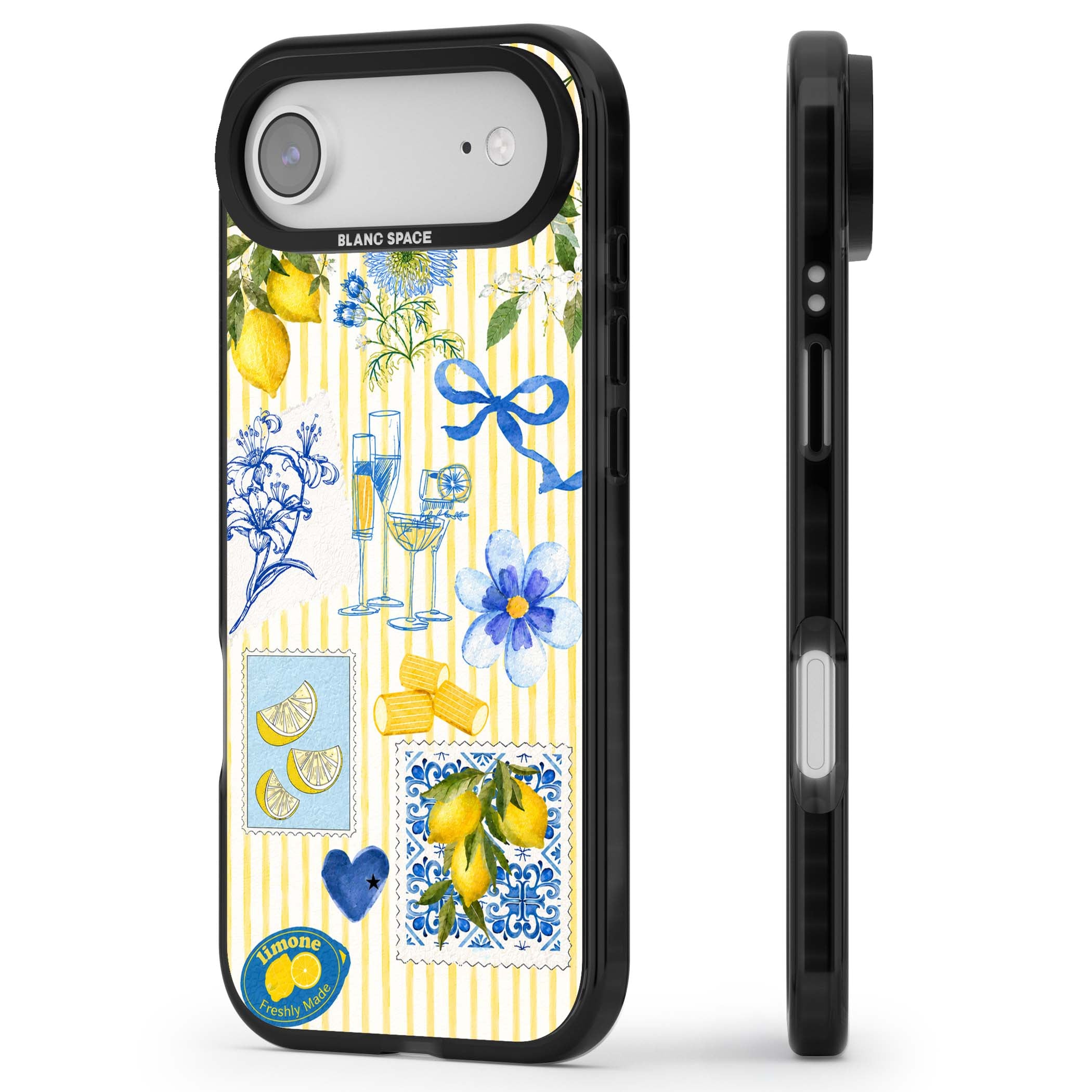 Limone Riviera Italian summer iPhone case featuring watercolour lemons, blue ribbon bows and majolica tile stamps on... | Black Impact Magsafe case for iPhone Air